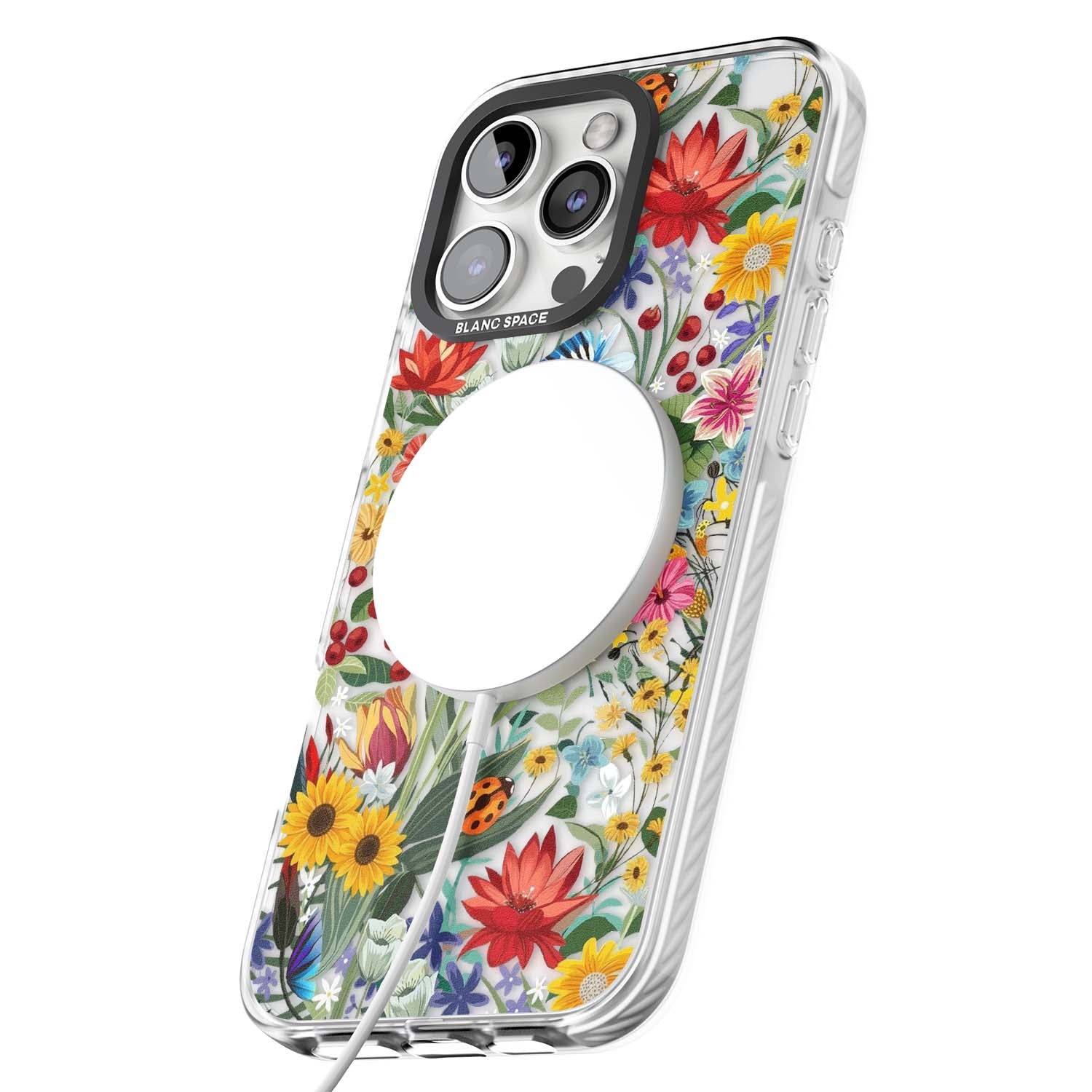 Botanical Bloom cottagecore iPhone case featuring colorful wildflowers, sunflowers, and ladybugs on clear background | Impact Magsafe case for iPhone 16 Pro, iPhone 16 Pro Max