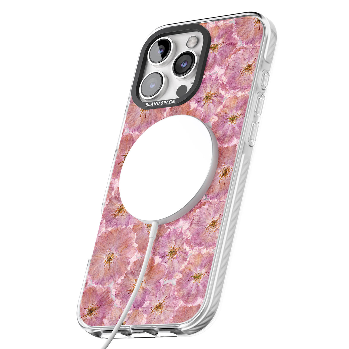 iPhone 16 Pro Max Large Pink Flowers Transparent Design Black Impact Phone Case