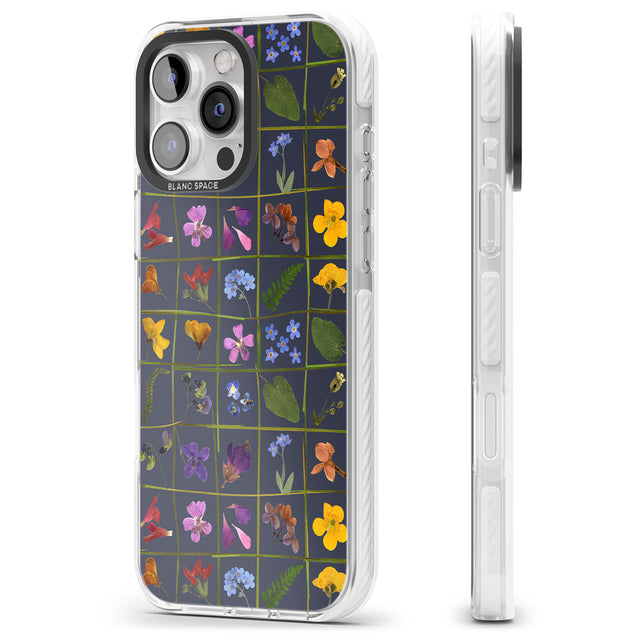 iPhone 16 Pro Max Wildflower Grid Boxes Pattern - Navy Black Impact Phone Case