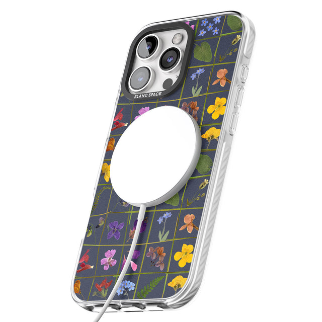 iPhone 16 Pro Max Wildflower Grid Boxes Pattern - Navy Black Impact Phone Case