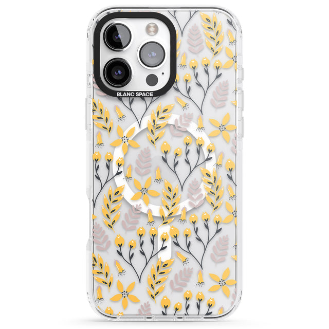 iPhone 16 Pro Max Yellow Leaves Transparent Floral Black Impact Phone Case