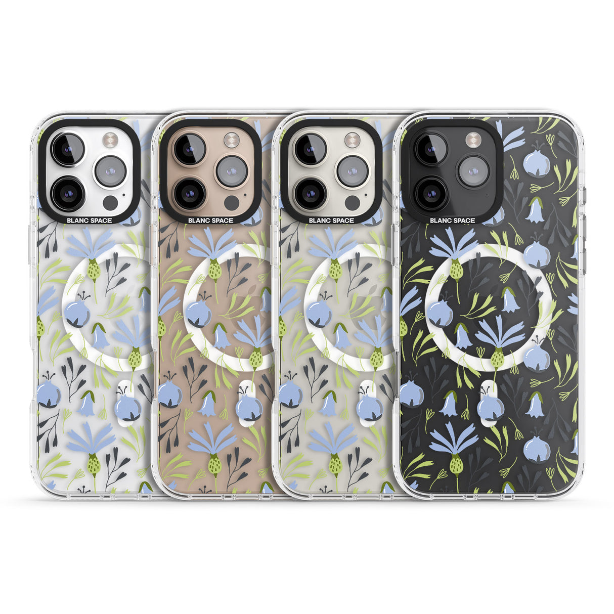 iPhone 16 Pro Max Blue Flora Transparent Floral Black Impact Phone Case