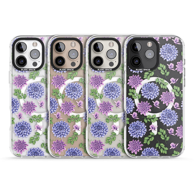 iPhone 16 Pro Max Purple Dahlias Transparent Floral Black Impact Phone Case