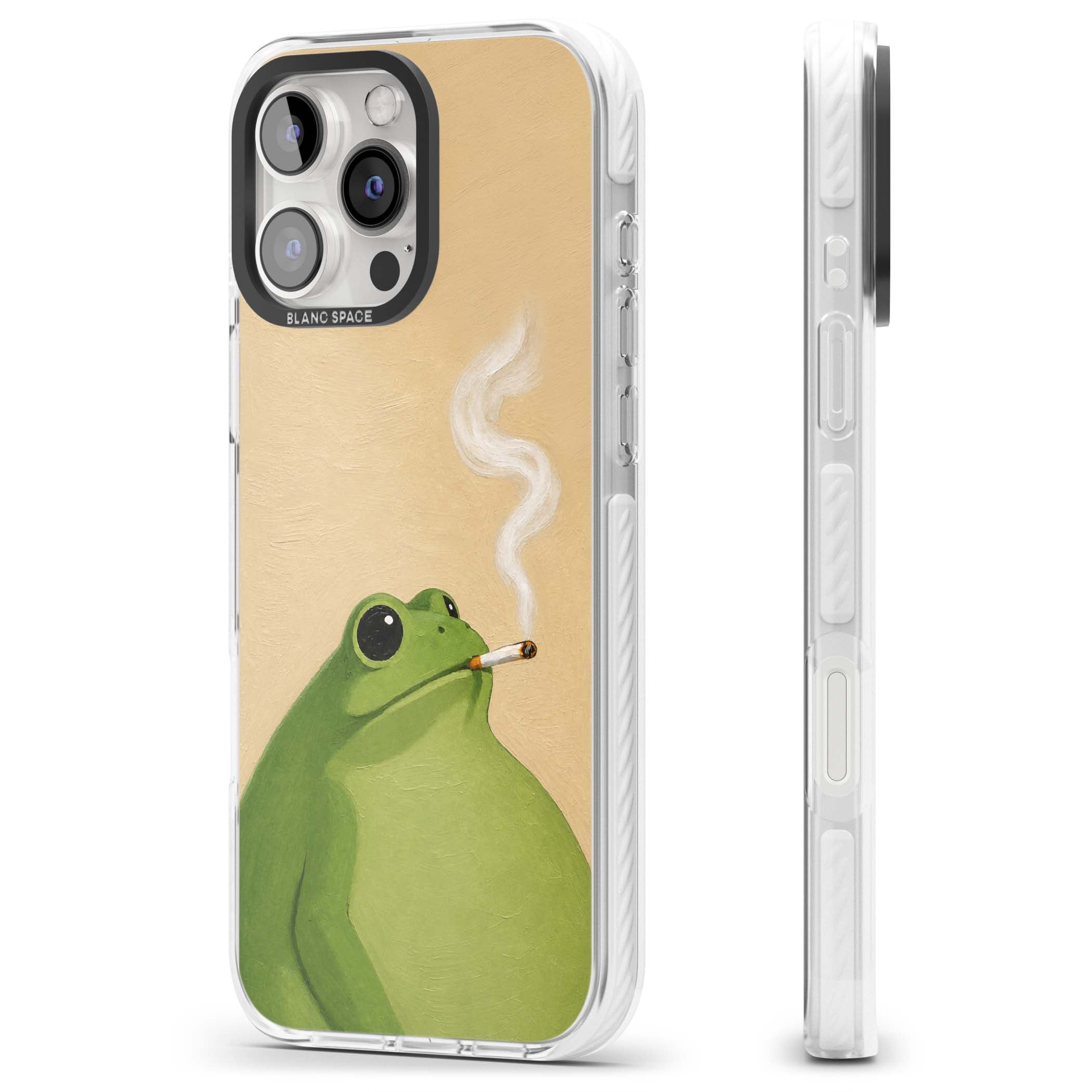 The Smoking Frog cottagecore iPhone case featuring a hand-painted green frog smoking a cigarette on a cream oil painting back | Impact Magsafe case for iPhone 16 Pro, iPhone 16 Pro Max