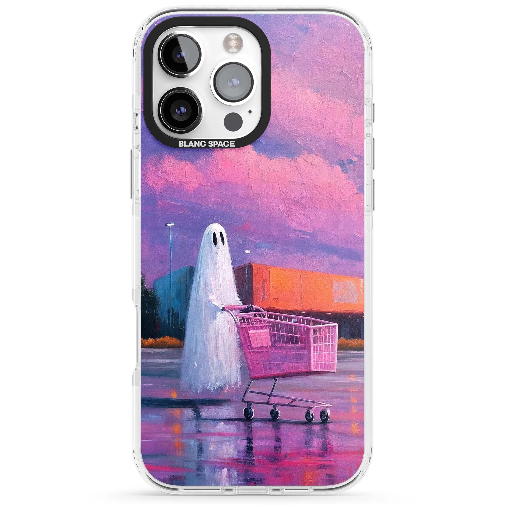 A Ghost's Errand ghost halloween iPhone case featuring a painted ghost, pink shopping trolley and purple sunset sky | Impact Magsafe case for iPhone 16 Pro, iPhone 16 Pro Max