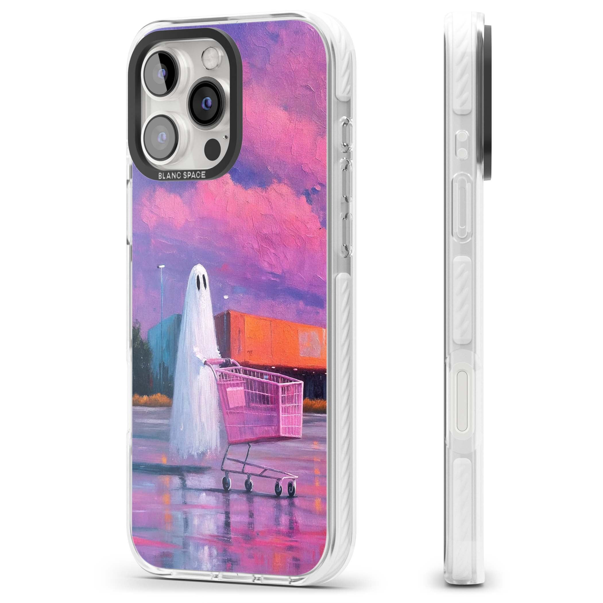 A Ghost's Errand ghost halloween iPhone case featuring a painted ghost, pink shopping trolley and purple sunset sky | Impact Magsafe case for iPhone 16 Pro, iPhone 16 Pro Max