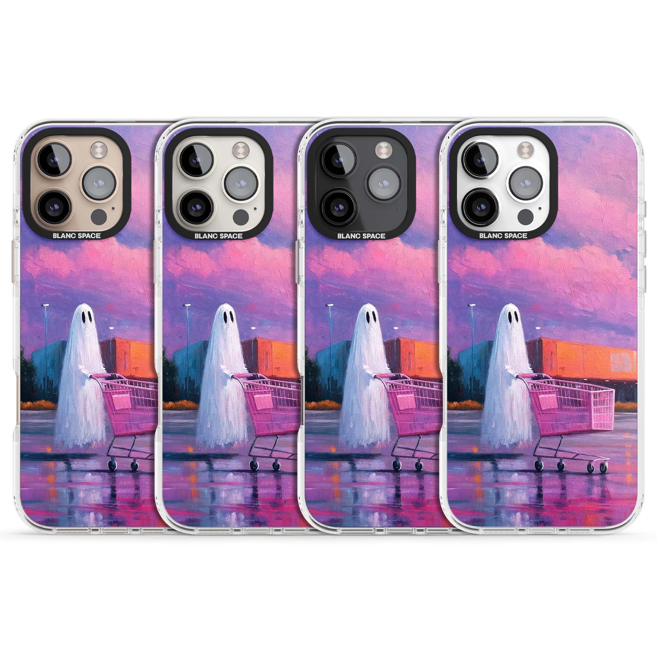 A Ghost's Errand ghost halloween iPhone case featuring a painted ghost, pink shopping trolley and purple sunset sky | Impact Magsafe case for iPhone 16 Pro, iPhone 16 Pro Max