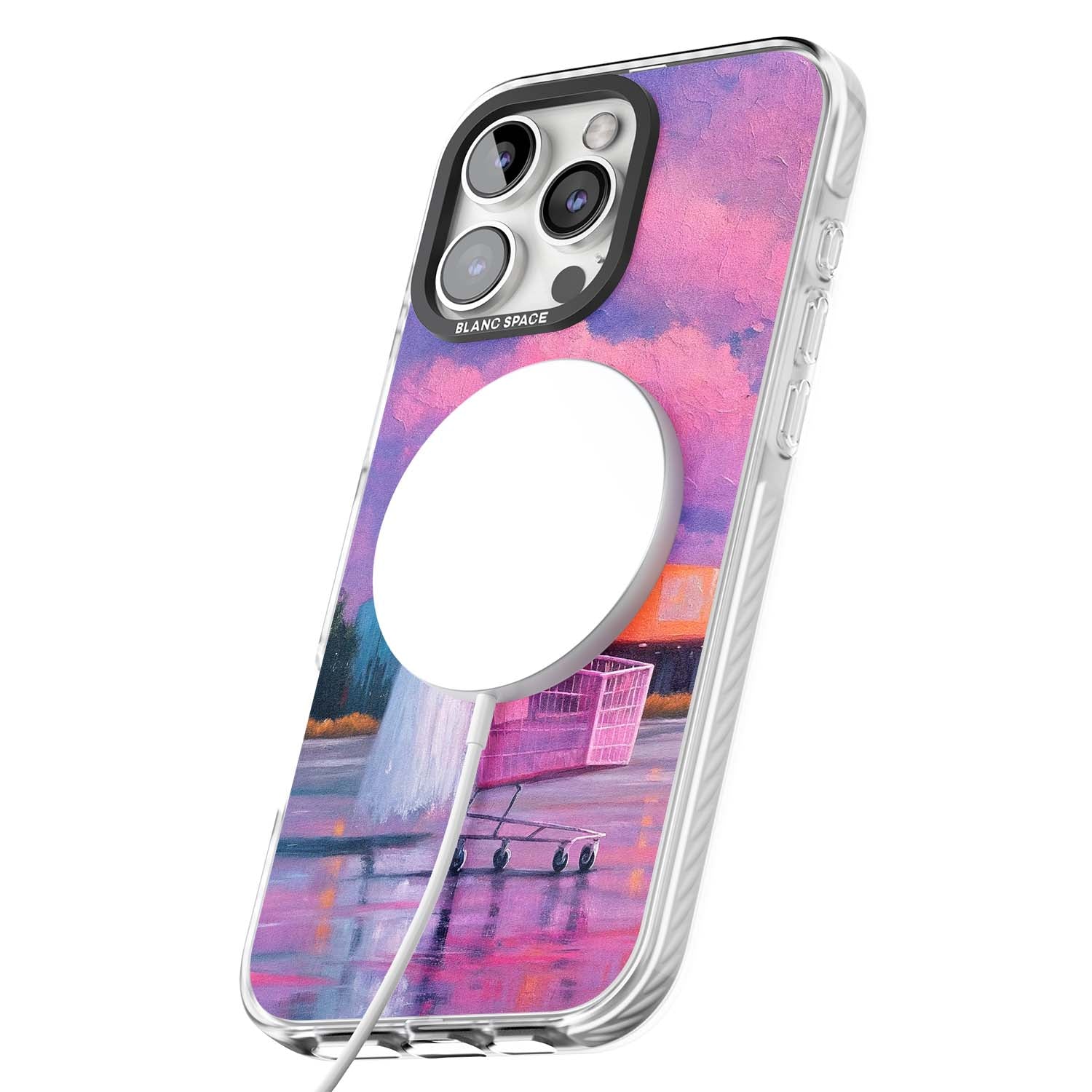 A Ghost's Errand ghost halloween iPhone case featuring a painted ghost, pink shopping trolley and purple sunset sky | Impact Magsafe case for iPhone 16 Pro, iPhone 16 Pro Max