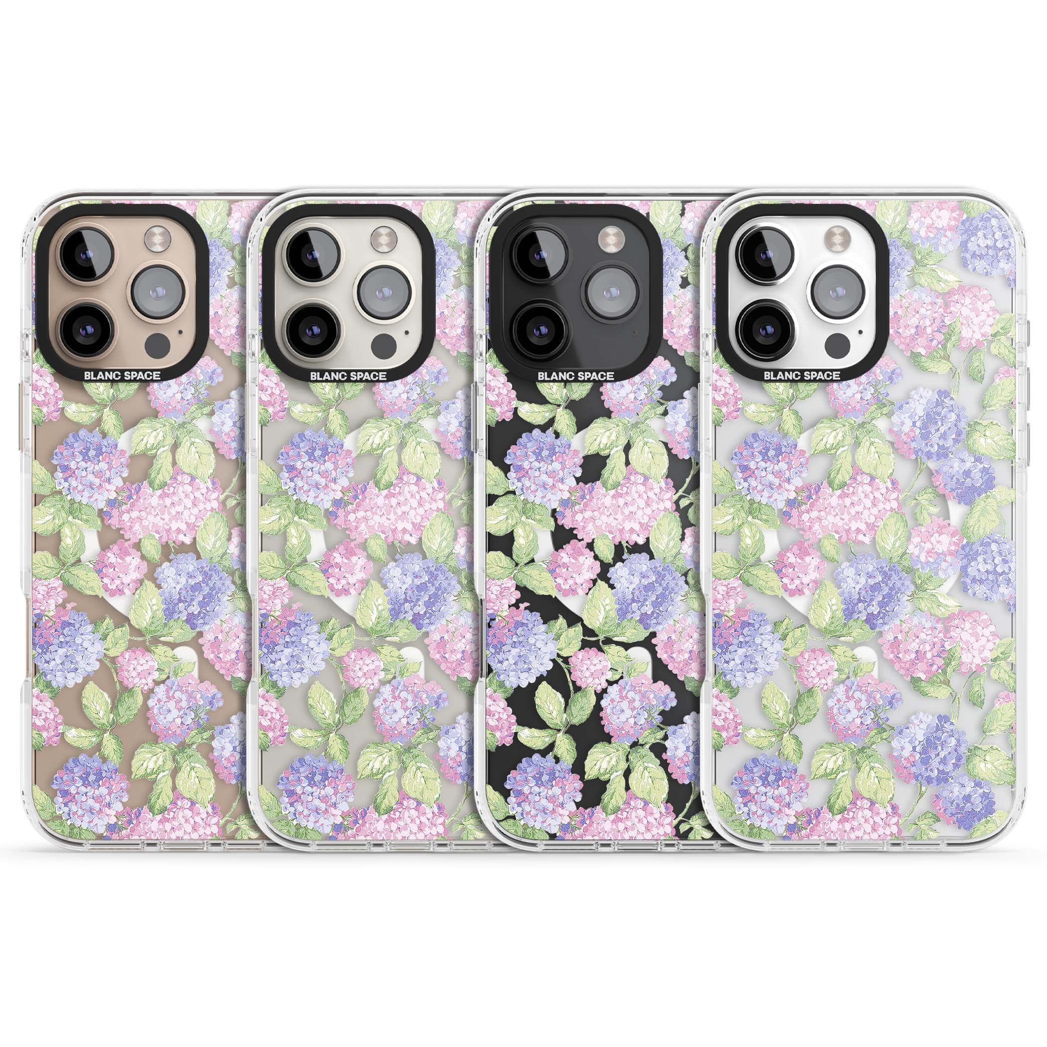 Cottage Hydrangea cottagecore iPhone case featuring pink and purple hydrangea blooms with green leaves on a clear background | Impact Magsafe case for iPhone 16 Pro, iPhone 16 Pro Max