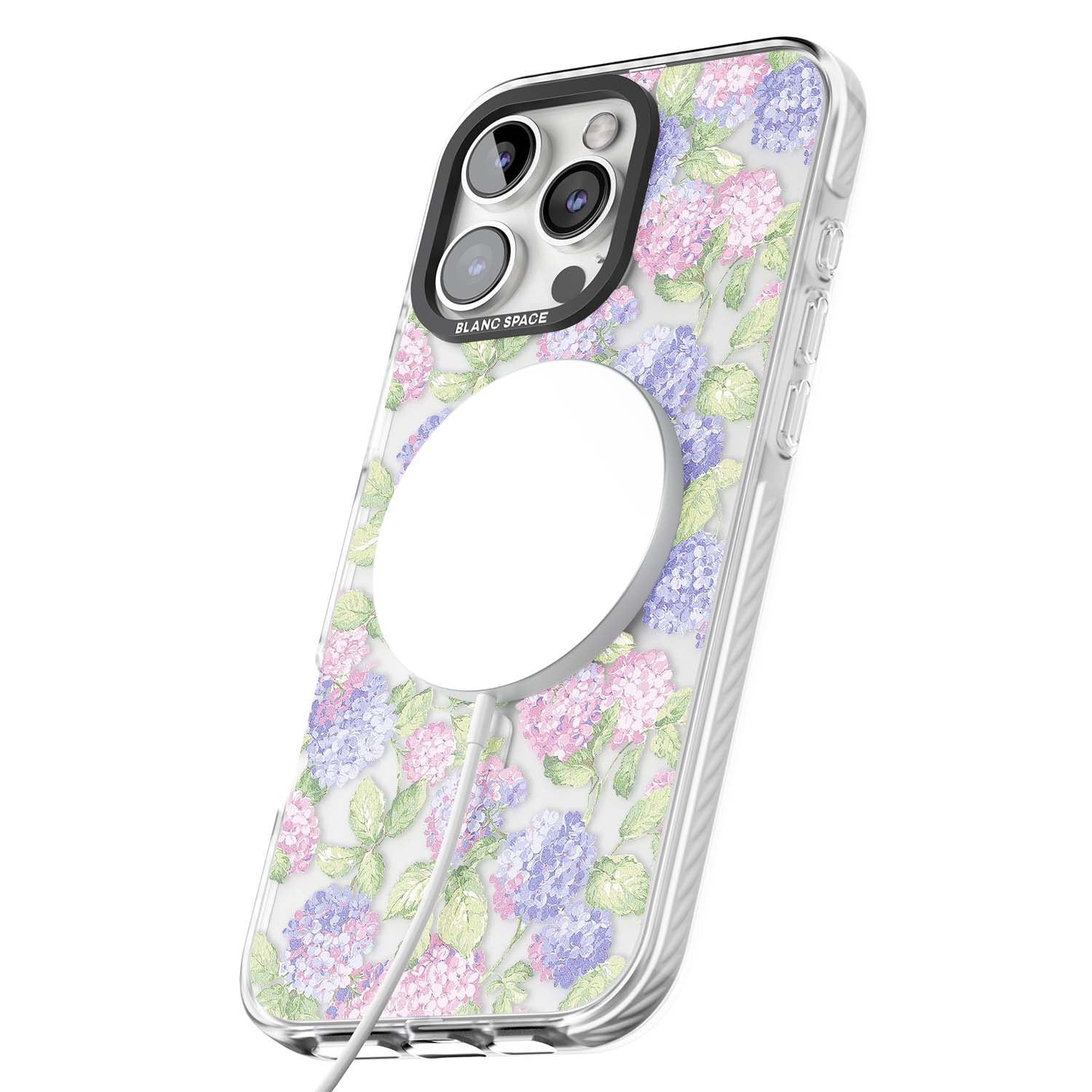 Cottage Hydrangea cottagecore iPhone case featuring pink and purple hydrangea blooms with green leaves on a clear background | Impact Magsafe case for iPhone 16 Pro, iPhone 16 Pro Max