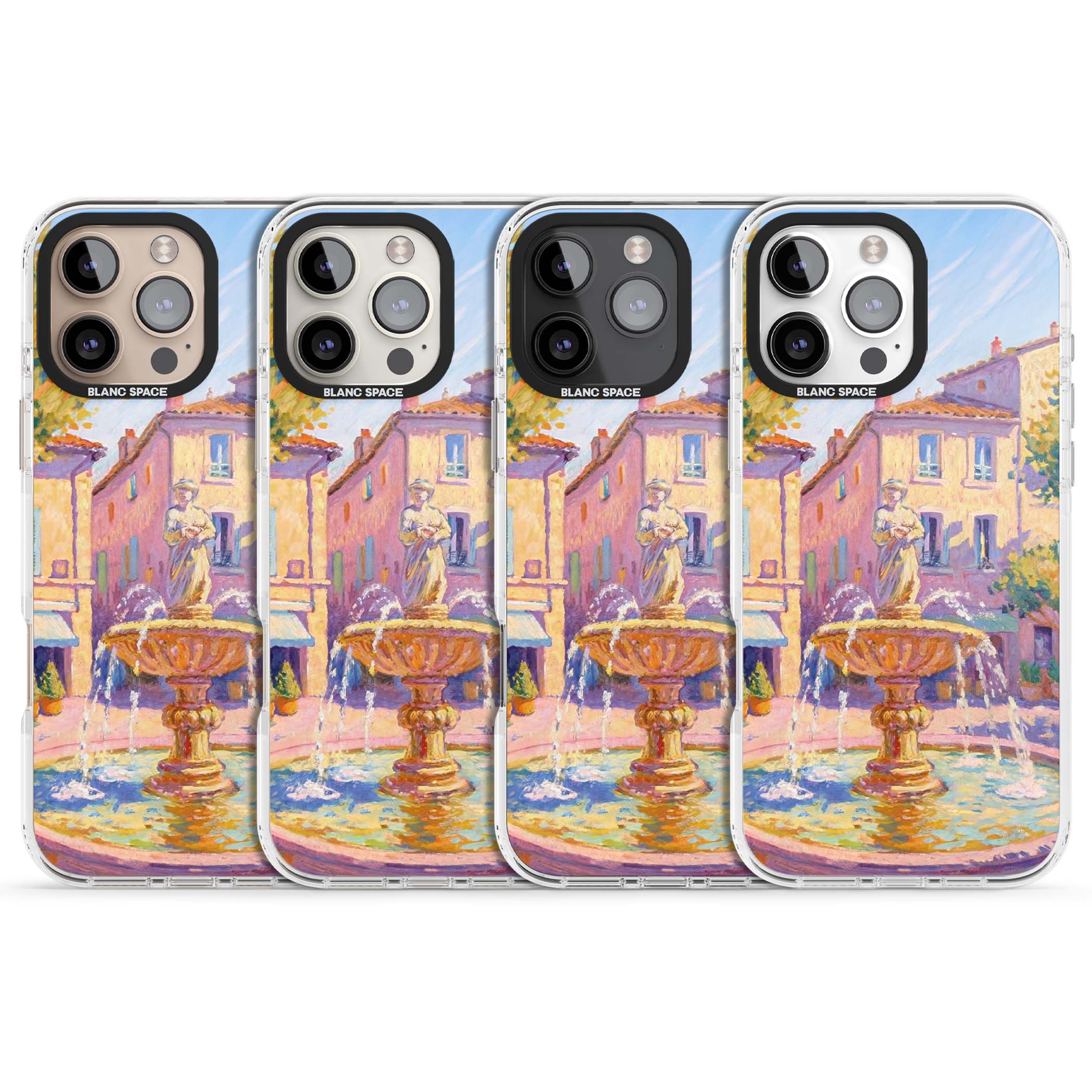 Fountain Square fine art iPhone case featuring an impressionist Provençal fountain, pastel village buildings and summe | Impact Magsafe case for iPhone 16 Pro, iPhone 16 Pro Max