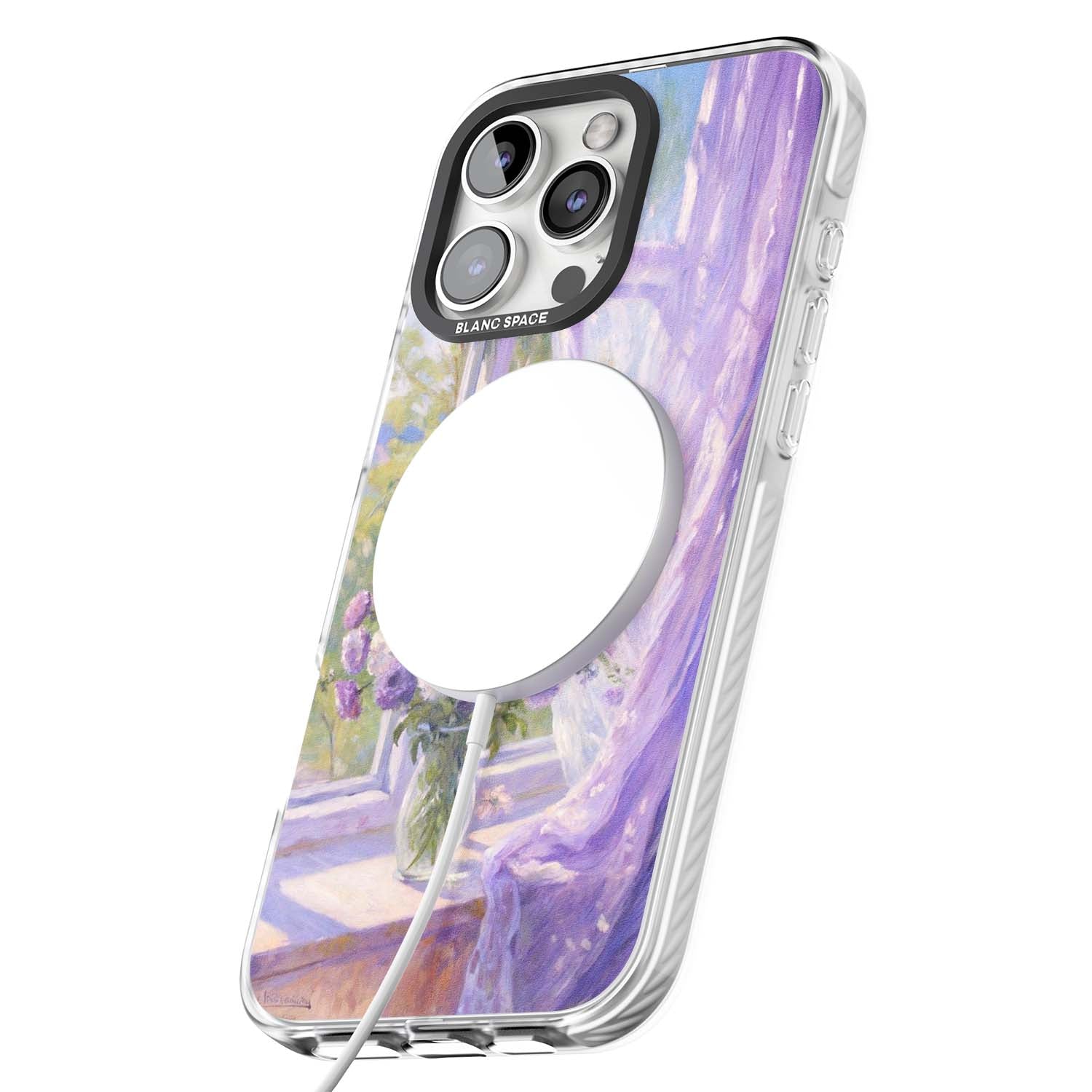 A Provence Morning impressionist art iPhone case featuring a vase of purple flowers, sunlit window and sheer curt | Impact Magsafe case for iPhone 16 Pro, iPhone 16 Pro Max