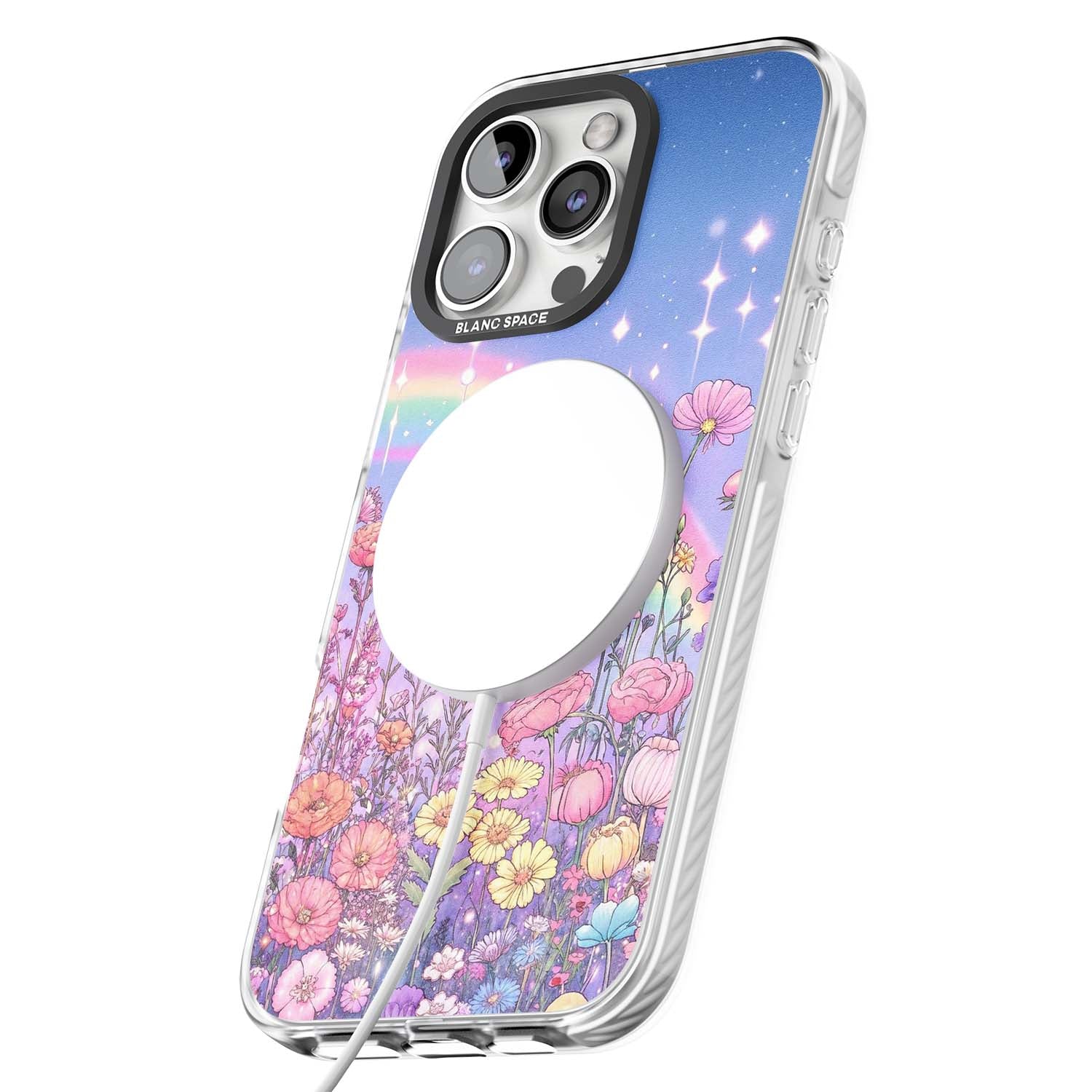 Magical Meadow fairycore iPhone case featuring a pastel rainbow, sparkling stars and a wildflower meadow | Impact Magsafe case for iPhone 16 Pro, iPhone 16 Pro Max