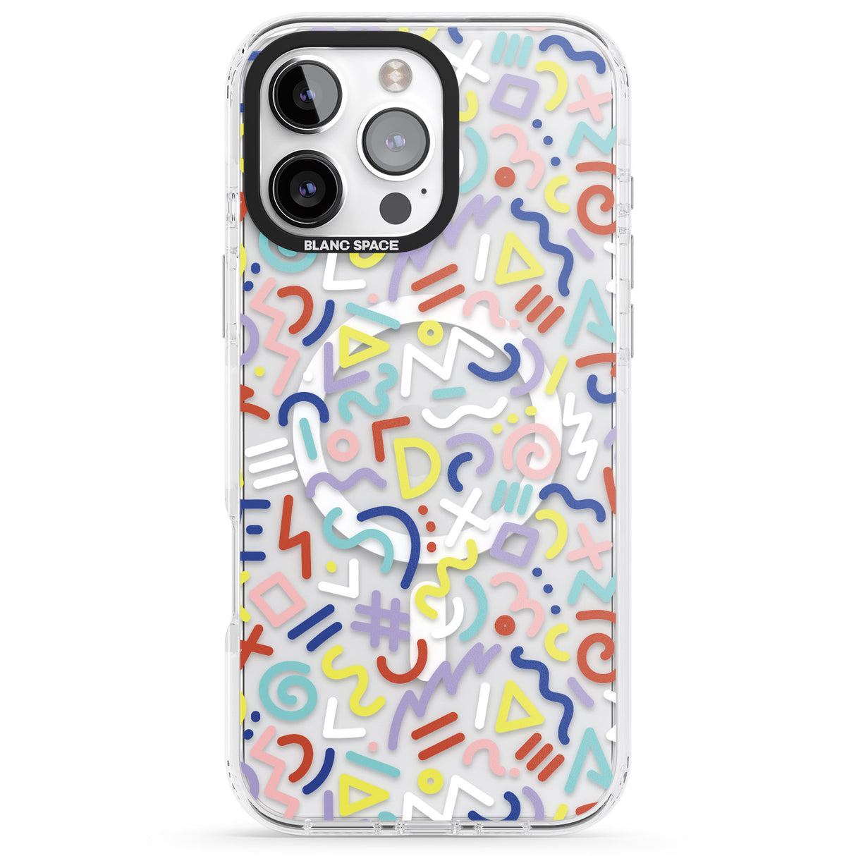 iPhone 16 Pro Max Colourful Mixed Shapes Retro Pattern Design Black Impact Phone Case