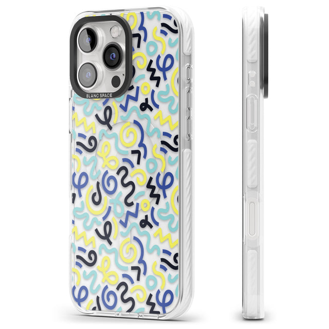 iPhone 16 Pro Max Blue & Yellow Shapes Memphis Retro Pattern Design Black Impact Phone Case