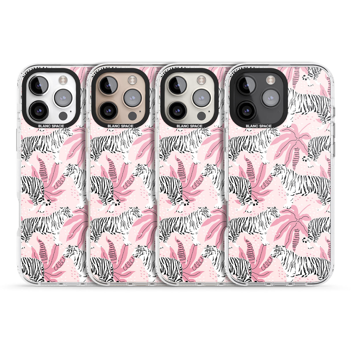 iPhone 16 Pro Max White Tigers on Pink Pattern Black Impact Phone Case