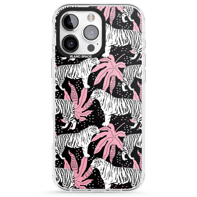 iPhone 16 Pro Max White Tigers on Black Pattern Black Impact Phone Case