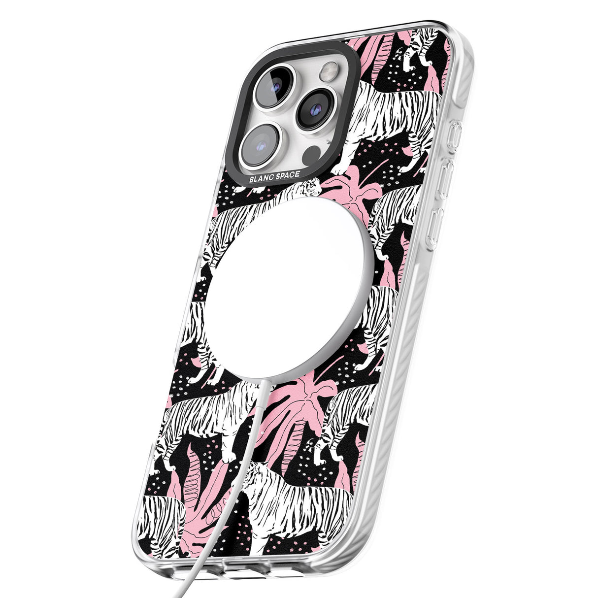 iPhone 16 Pro Max White Tigers on Black Pattern Black Impact Phone Case