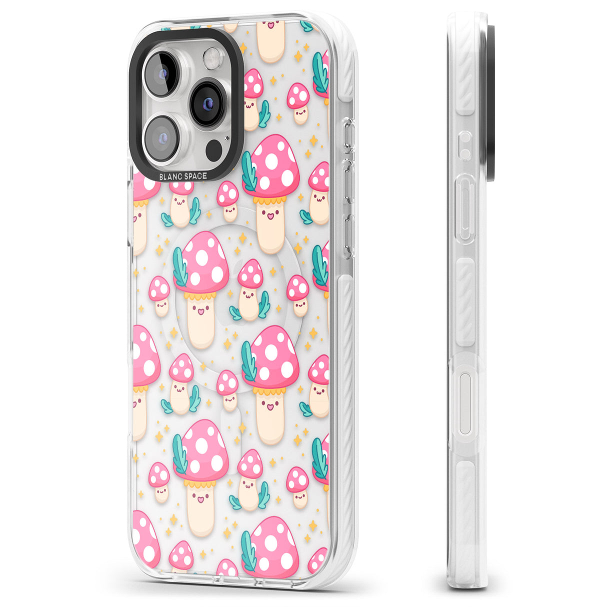 iPhone 16 Pro Max Cute Mushrooms Pattern Black Impact Phone Case