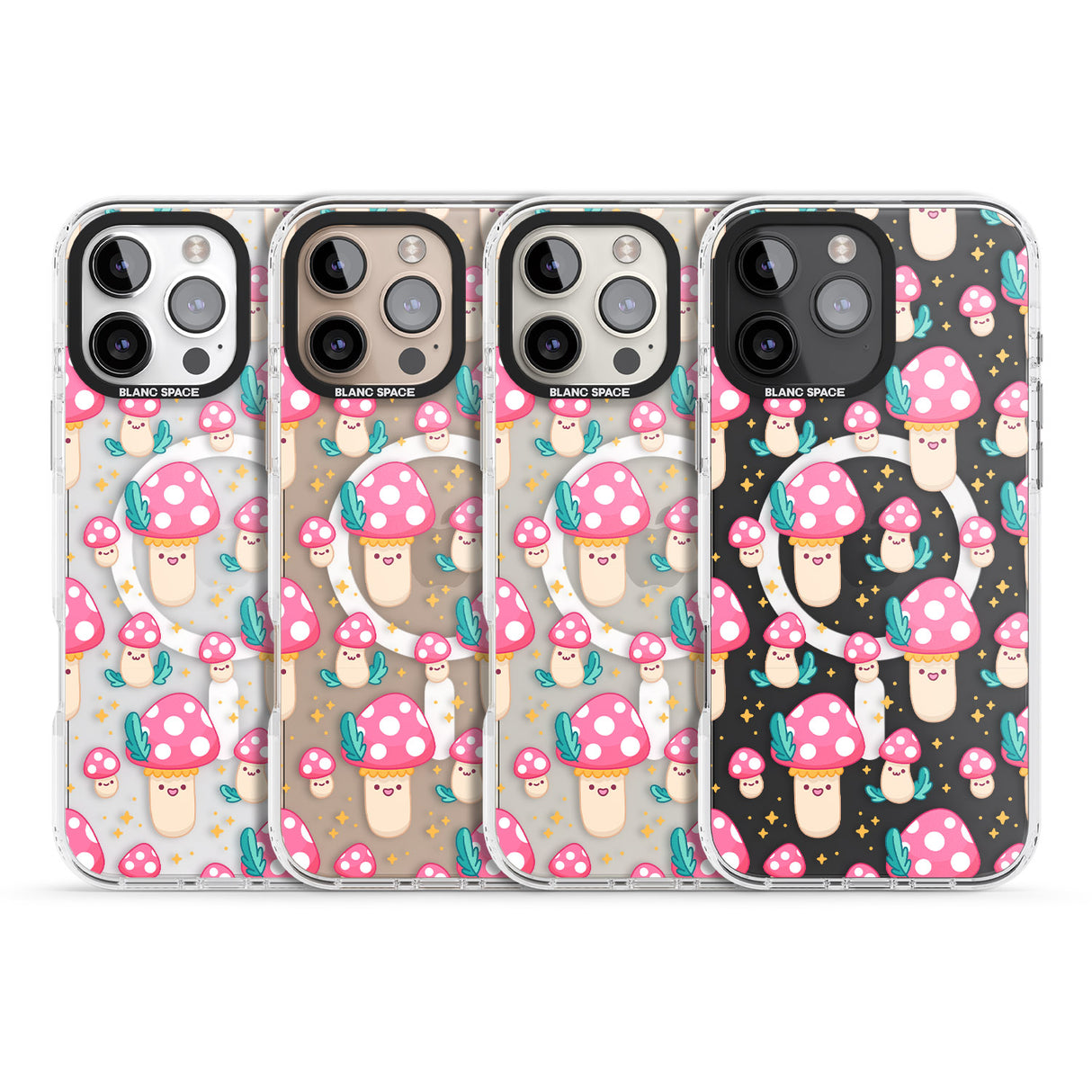 iPhone 16 Pro Max Cute Mushrooms Pattern Black Impact Phone Case