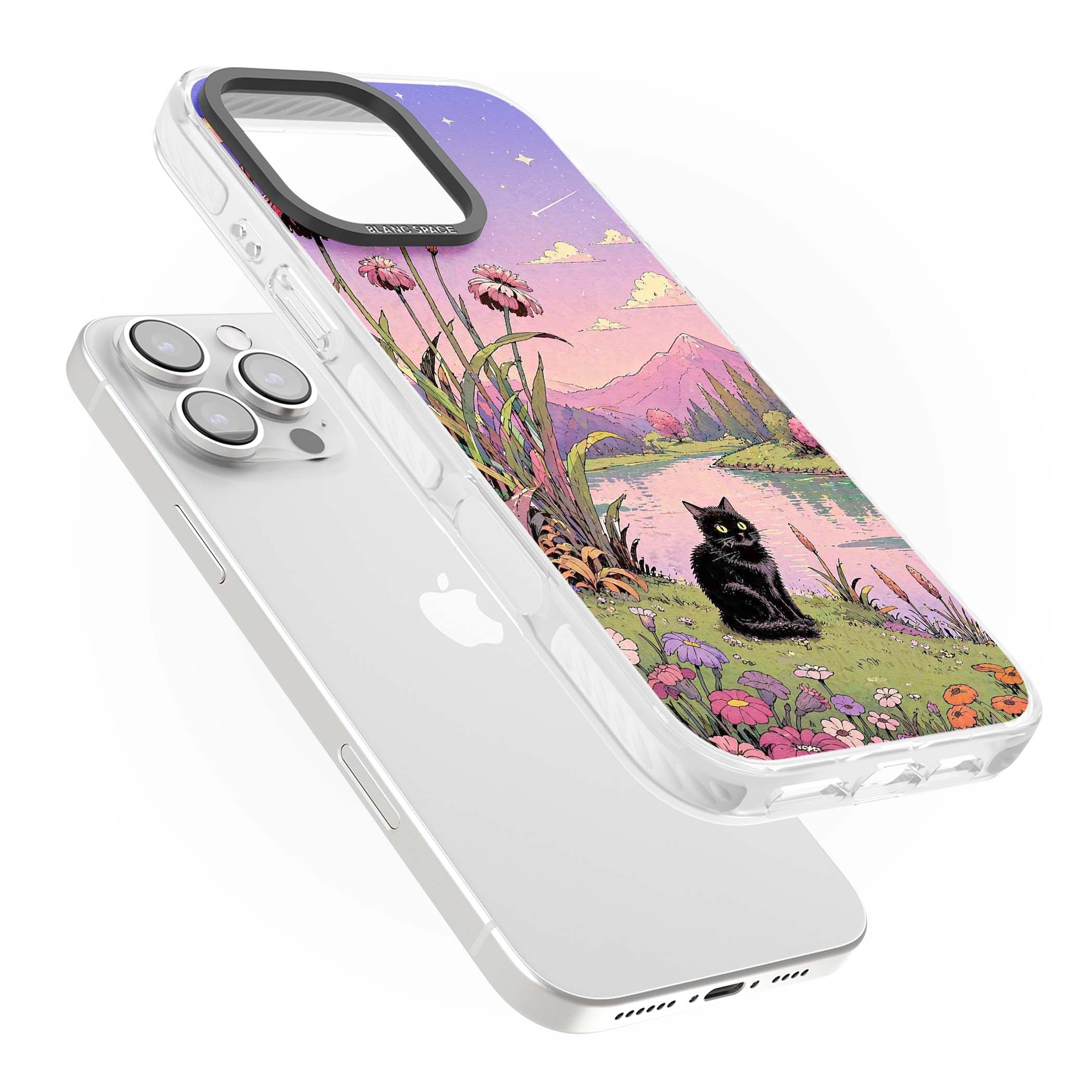 Mystic Whiskers ghibli iPhone case featuring a black cat by a pastel lake, wildflowers and a starry sunset sky | Impact Magsafe case for iPhone 16 Pro, iPhone 16 Pro Max