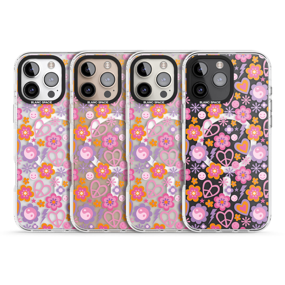 iPhone 16 Pro Max Peace, Love and Flowers Pattern Black Impact Phone Case