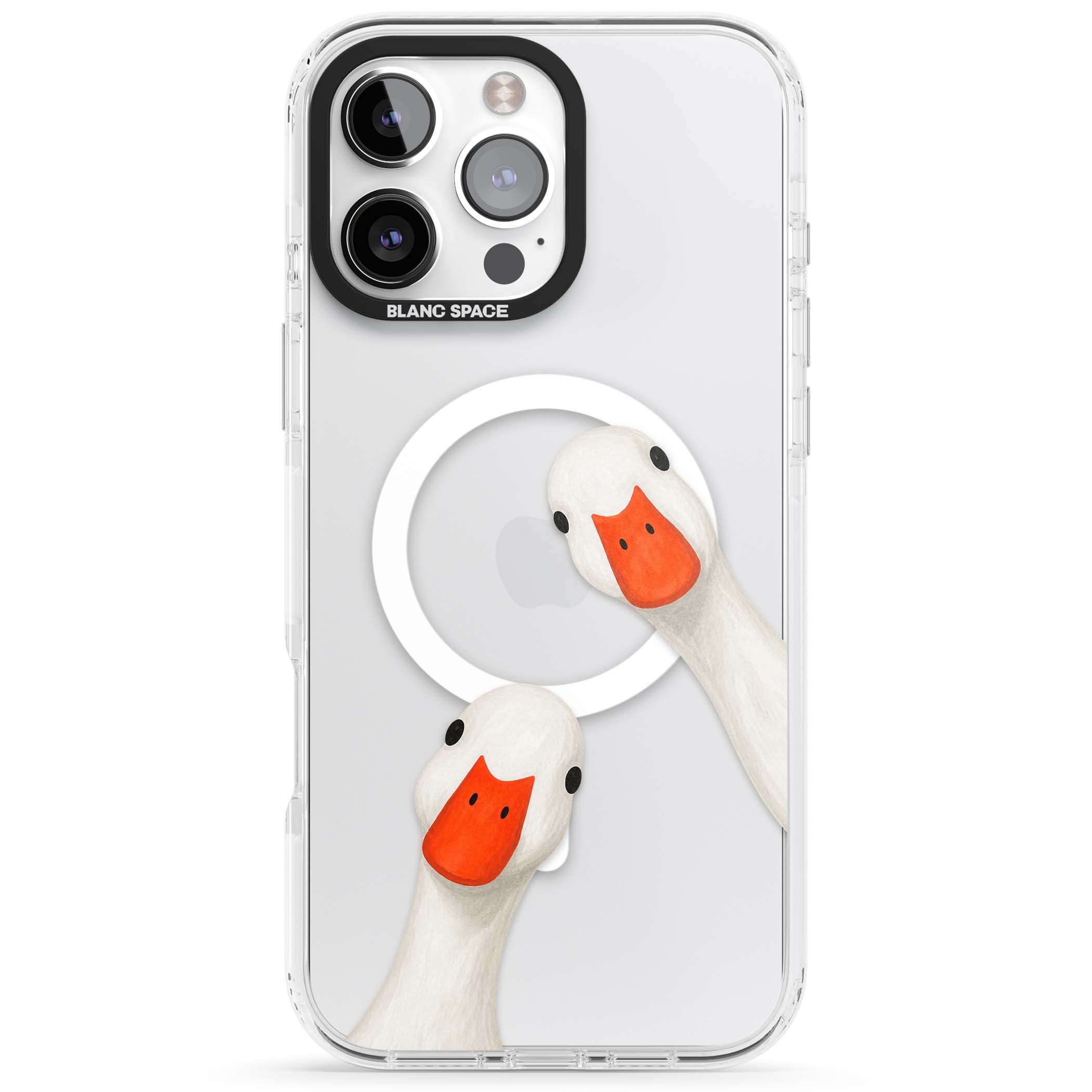 Nosy Ducks cottagecore iPhone case featuring two peeking white ducks with orange beaks on a clear background | Impact Magsafe case for iPhone 16 Pro, iPhone 16 Pro Max