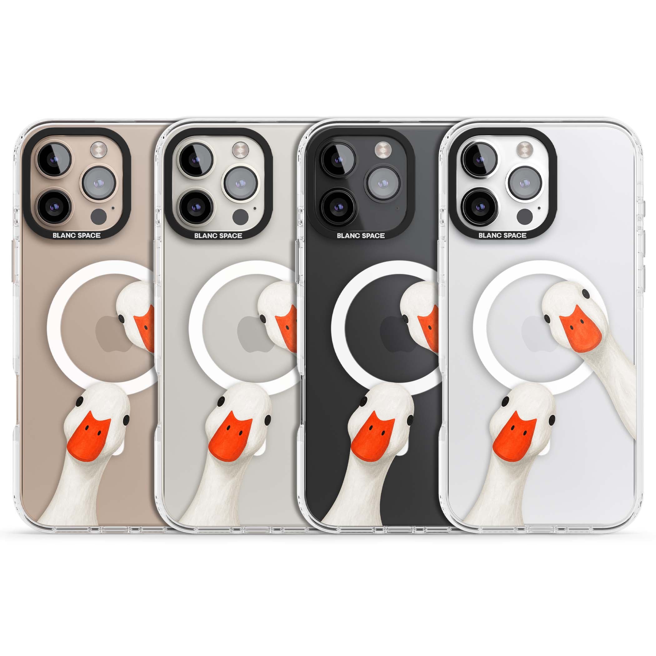 Nosy Ducks cottagecore iPhone case featuring two peeking white ducks with orange beaks on a clear background | Impact Magsafe case for iPhone 16 Pro, iPhone 16 Pro Max
