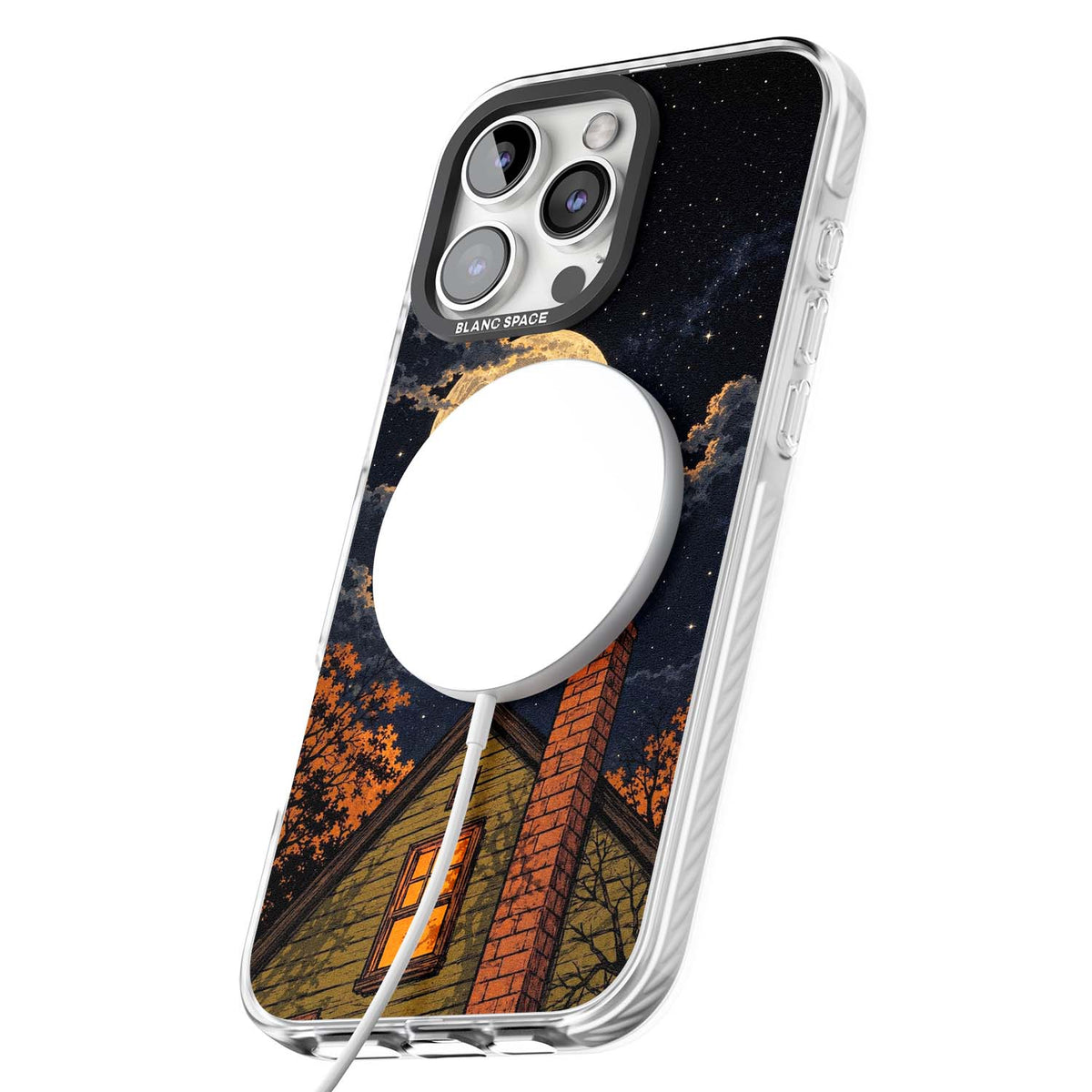 Hollows Eve Halloween iPhone case featuring a haunted house, full moon and flying bats against a starry autumn sky | Impact Magsafe case for iPhone 16 Pro, iPhone 16 Pro Max