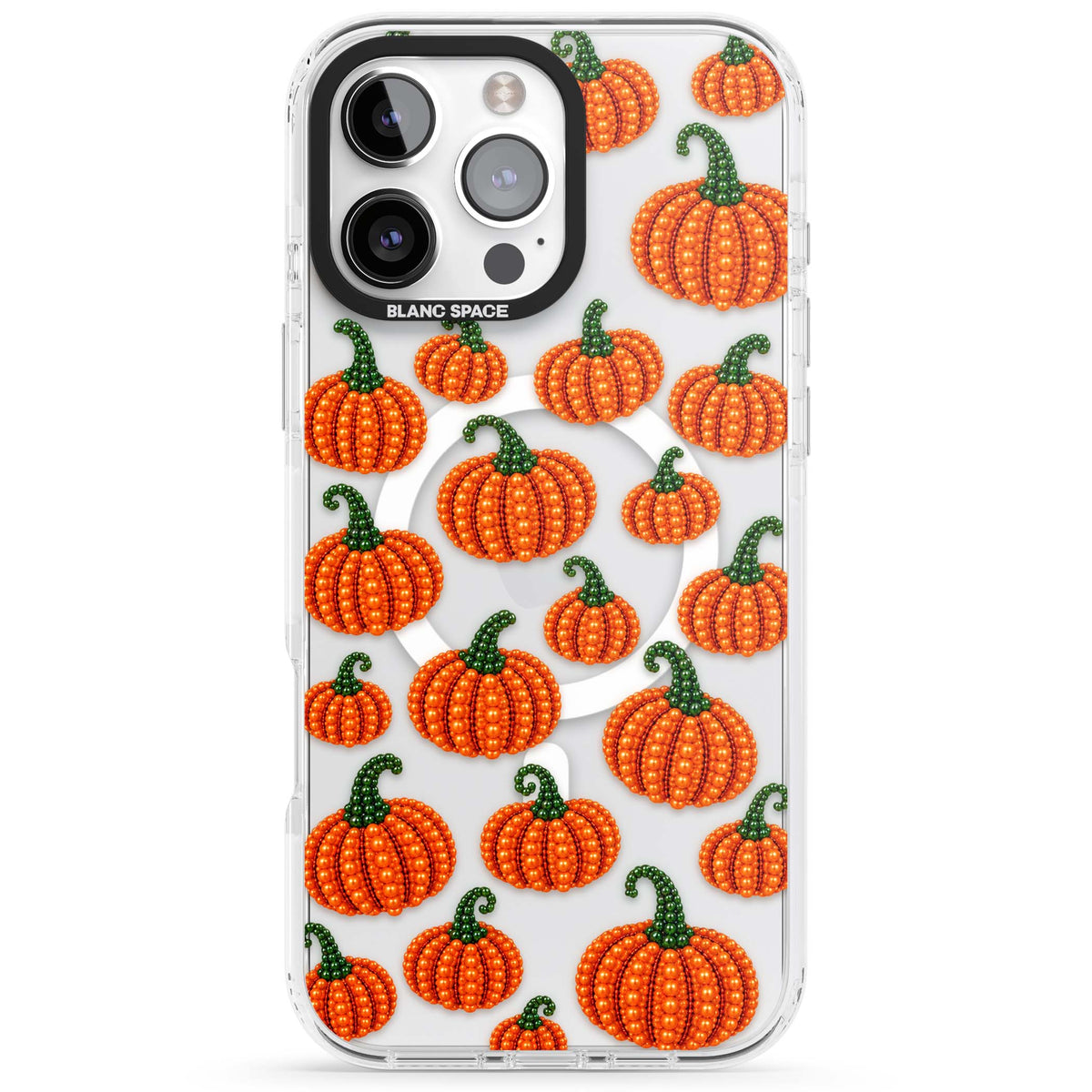 Beaded Pumpkins halloween iPhone case featuring beaded orange pumpkins with green stems on a clear background | Impact Magsafe case for iPhone 16 Pro, iPhone 16 Pro Max