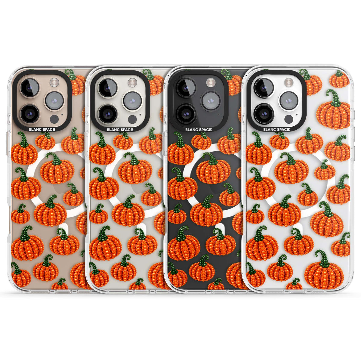 Beaded Pumpkins halloween iPhone case featuring beaded orange pumpkins with green stems on a clear background | Impact Magsafe case for iPhone 16 Pro, iPhone 16 Pro Max