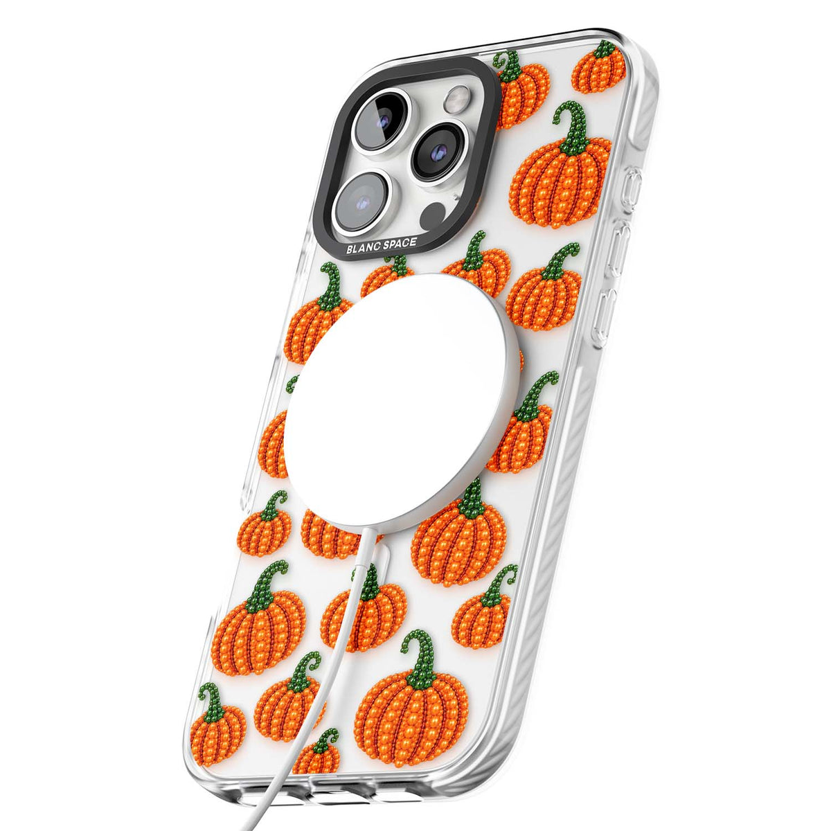 Beaded Pumpkins halloween iPhone case featuring beaded orange pumpkins with green stems on a clear background | Impact Magsafe case for iPhone 16 Pro, iPhone 16 Pro Max