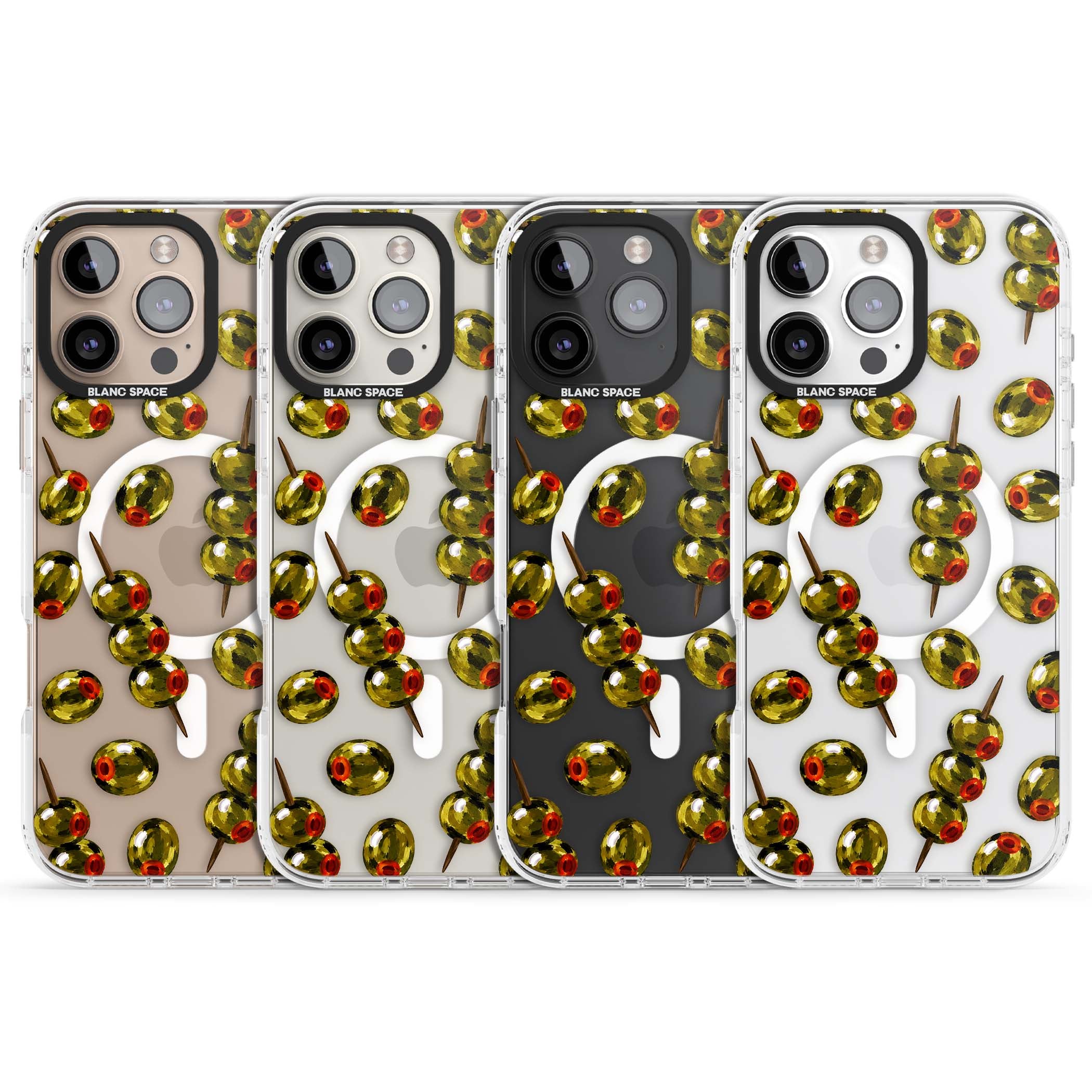 Painted Olives cocktail iPhone case featuring green olives, pimento centres and toothpick skewers on a clear background | Impact Magsafe case for iPhone 16 Pro, iPhone 16 Pro Max