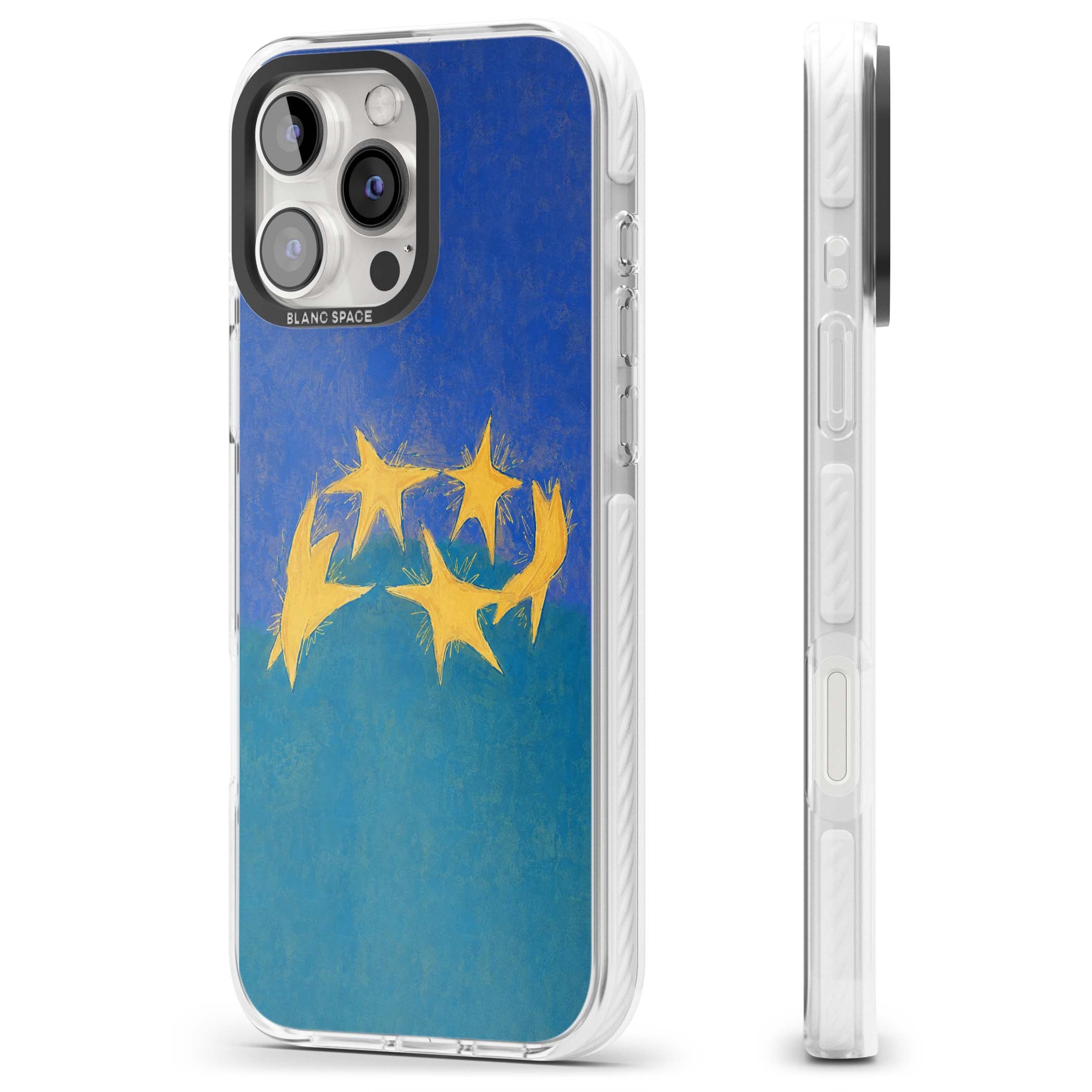 Star Boogie stars aesthetic iPhone case featuring five yellow hand-painted stars on cobalt blue and teal | Impact Magsafe case for iPhone 16 Pro, iPhone 16 Pro Max