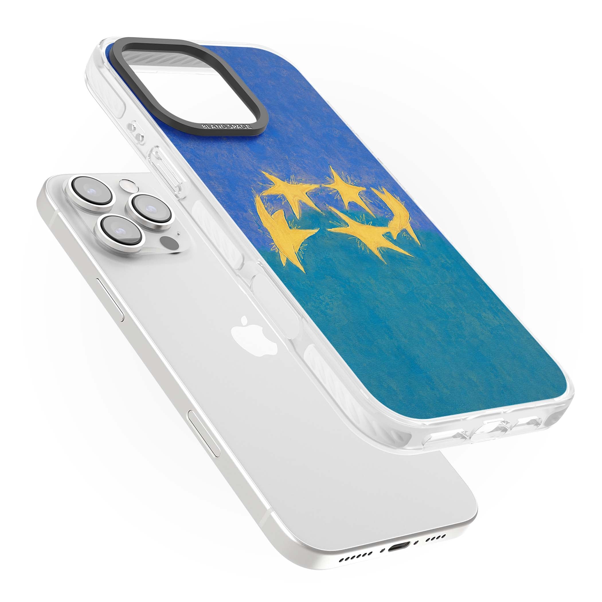 Star Boogie stars aesthetic iPhone case featuring five yellow hand-painted stars on cobalt blue and teal | Impact Magsafe case for iPhone 16 Pro, iPhone 16 Pro Max