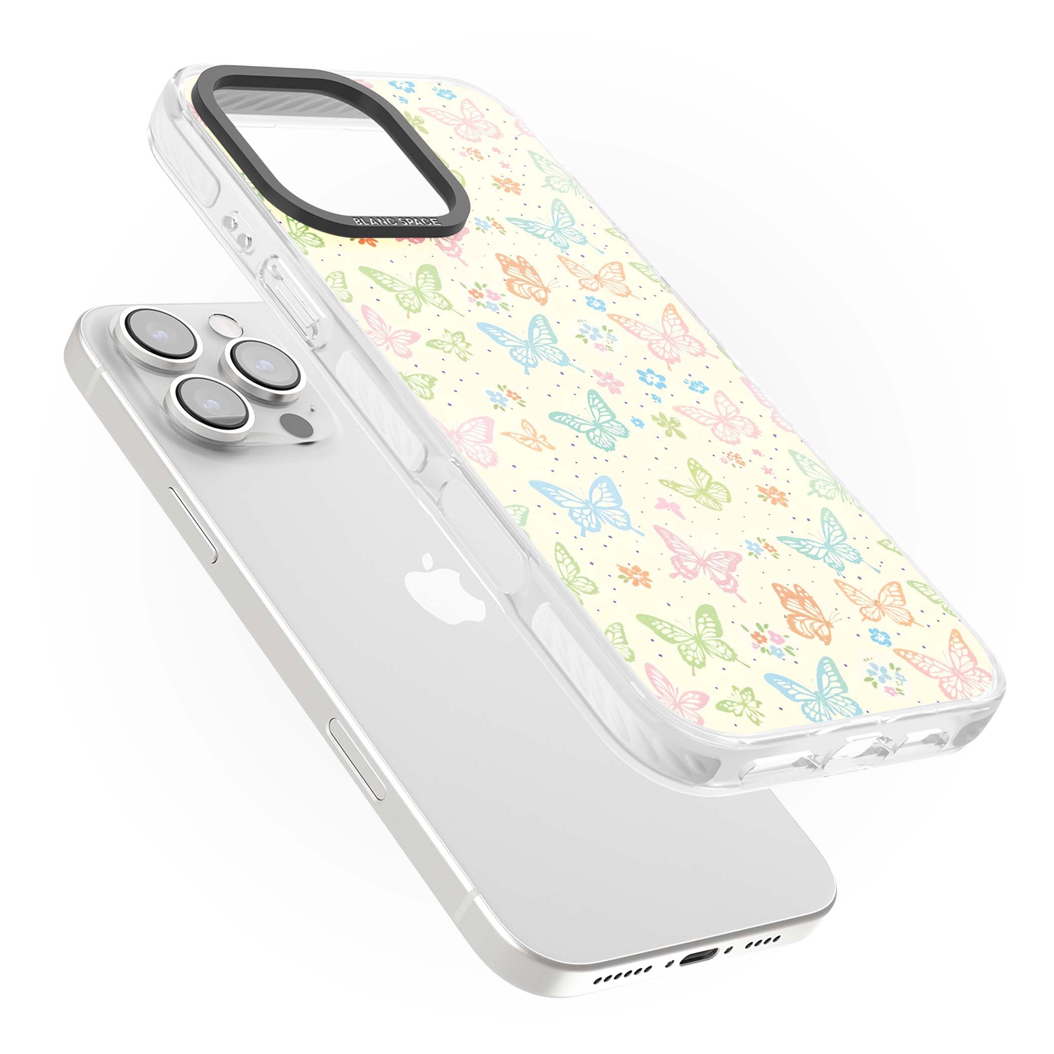 Sugar Wings cottagecore iPhone case featuring rainbow pastel butterflies, tiny wildflowers, and a cream background | Impact Magsafe case for iPhone 16 Pro, iPhone 16 Pro Max