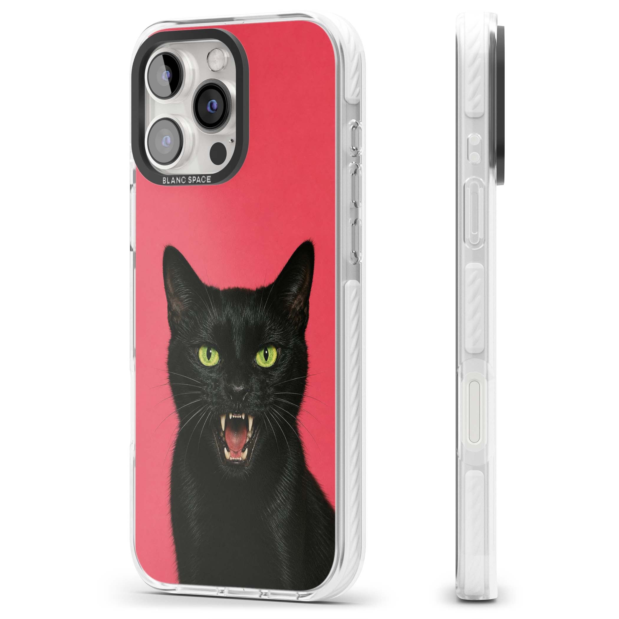Hissin' Baddie black cat iPhone case featuring a hissing feline with green eyes on a hot pink background | Impact Magsafe case for iPhone 16 Pro, iPhone 16 Pro Max