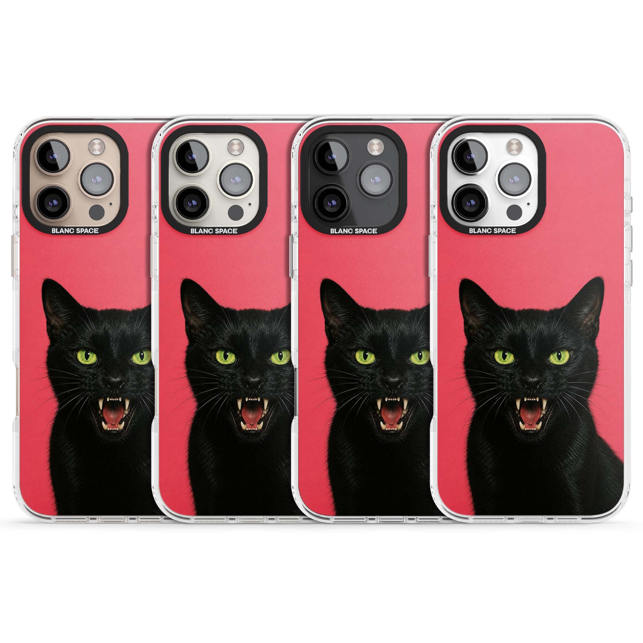 Hissin' Baddie black cat iPhone case featuring a hissing feline with green eyes on a hot pink background | Impact Magsafe case for iPhone 16 Pro, iPhone 16 Pro Max
