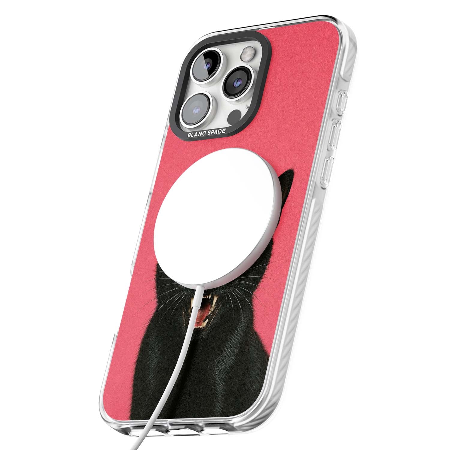 Hissin' Baddie black cat iPhone case featuring a hissing feline with green eyes on a hot pink background | Impact Magsafe case for iPhone 16 Pro, iPhone 16 Pro Max