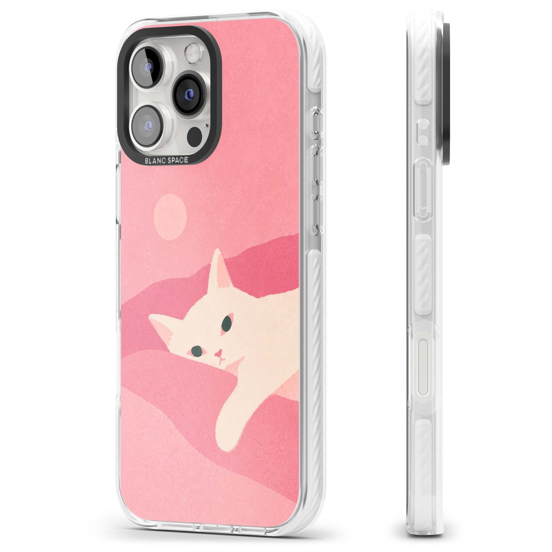 Pink Dreams cute cat iPhone case featuring a white kitten, soft pink hills and a pale pastel sun | Impact Magsafe case for iPhone 16 Pro, iPhone 16 Pro Max