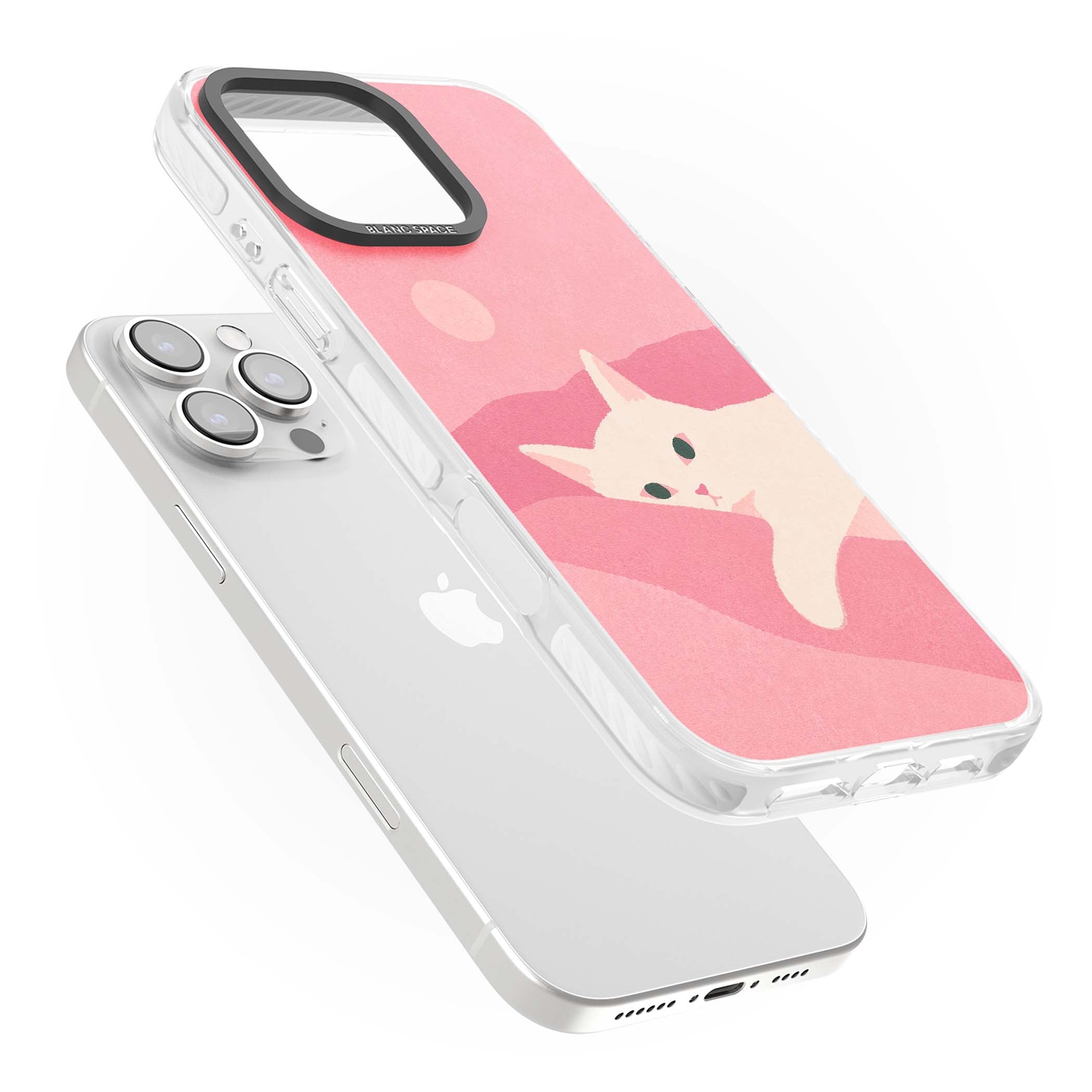Pink Dreams cute cat iPhone case featuring a white kitten, soft pink hills and a pale pastel sun | Impact Magsafe case for iPhone 16 Pro, iPhone 16 Pro Max