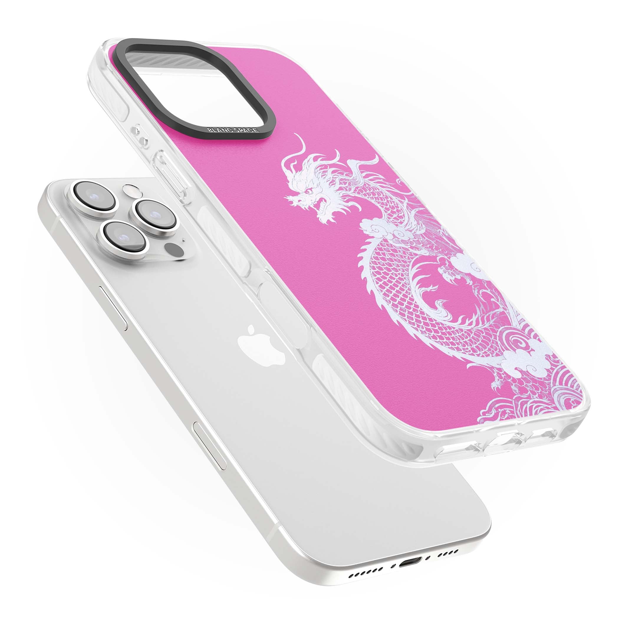 Pink Empress chinese dragon iPhone case featuring a white dragon, swirling clouds and pink dragon wallpaper backdrop | Impact Magsafe case for iPhone 16 Pro, iPhone 16 Pro Max