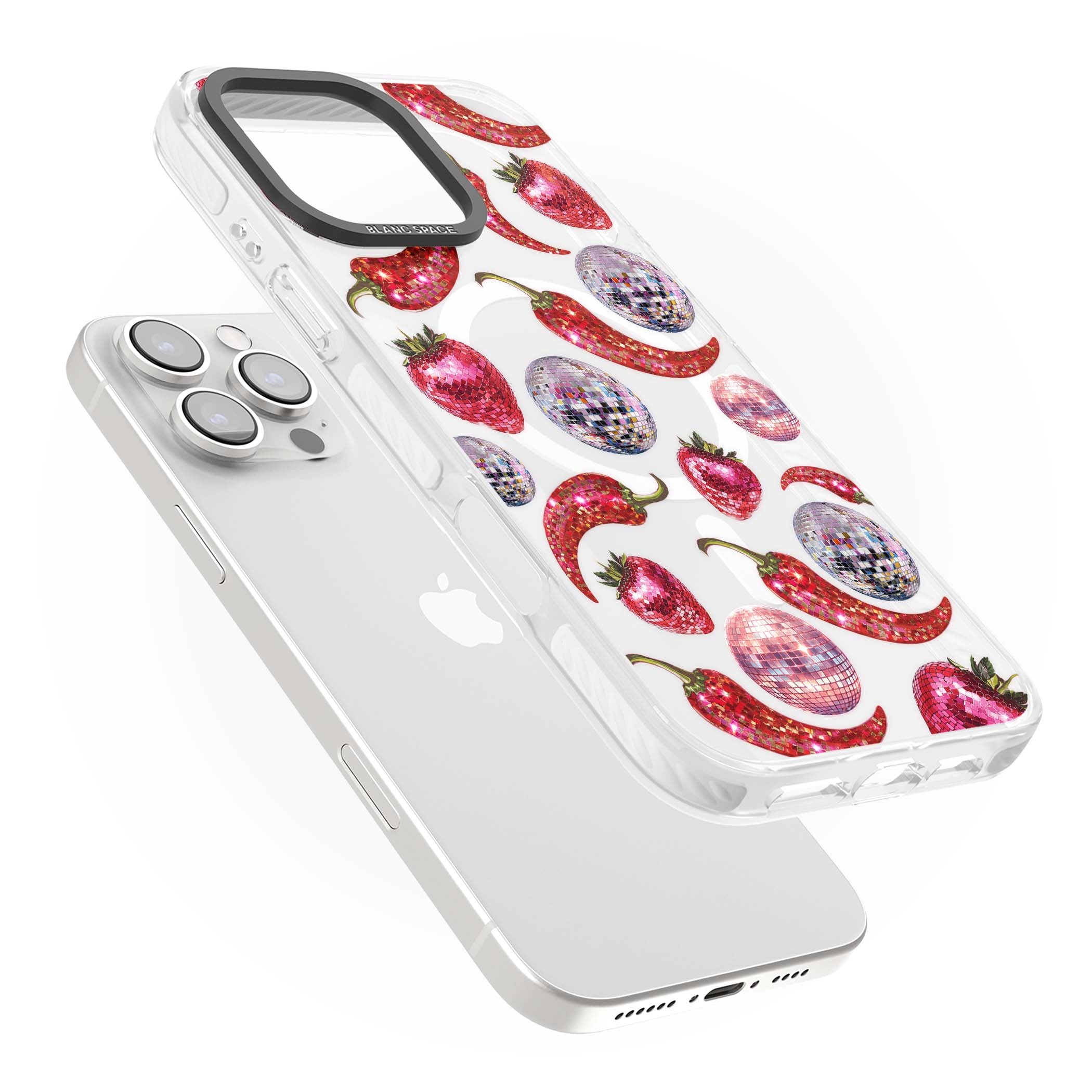 Spicy Disco Y2K iPhone case featuring glitter disco balls, sparkly strawberries and red chilli peppers | Impact Magsafe case for iPhone 16 Pro, iPhone 16 Pro Max