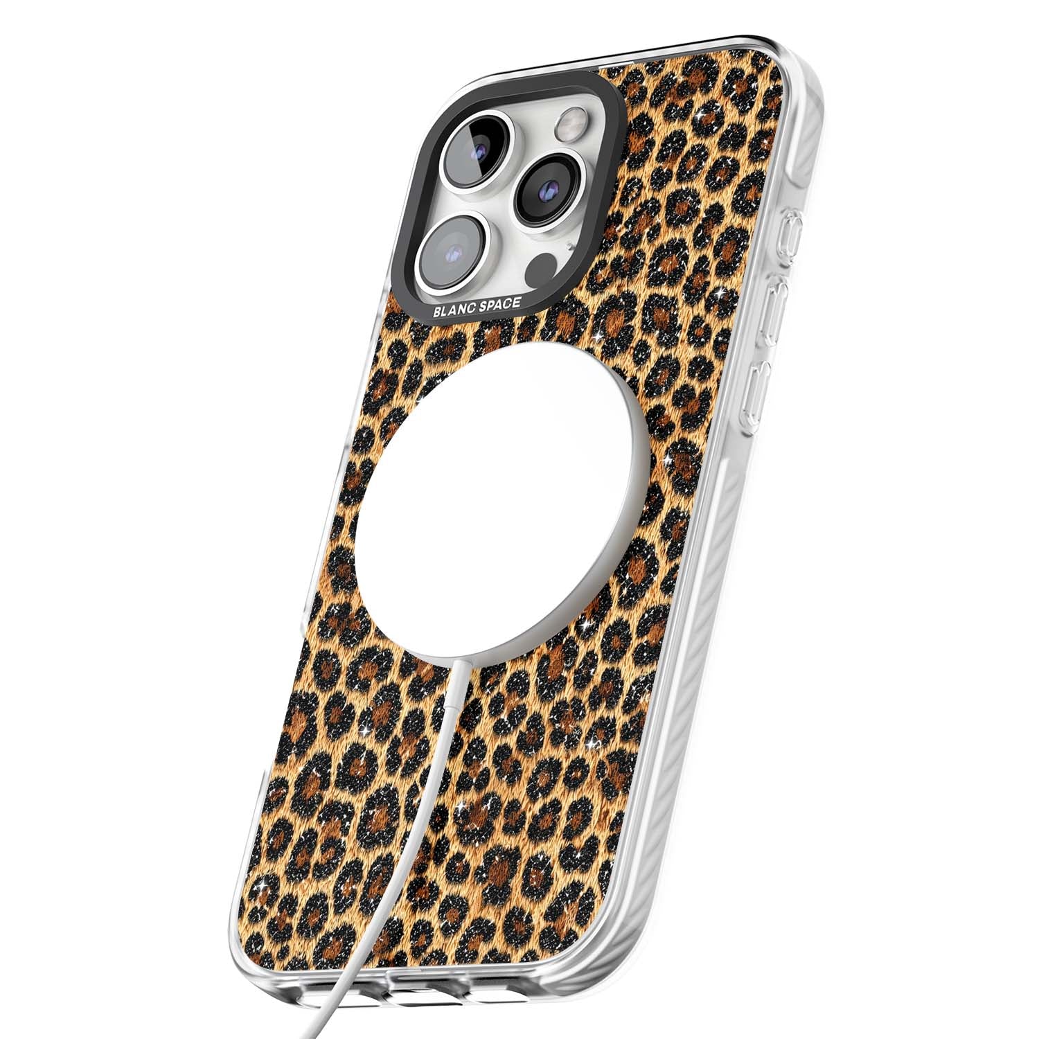 Diamond Leopard leopard print iPhone case featuring golden tan fur, black rosette spots and subtle glitter sparkle | Impact Magsafe case for iPhone 16 Pro, iPhone 16 Pro Max