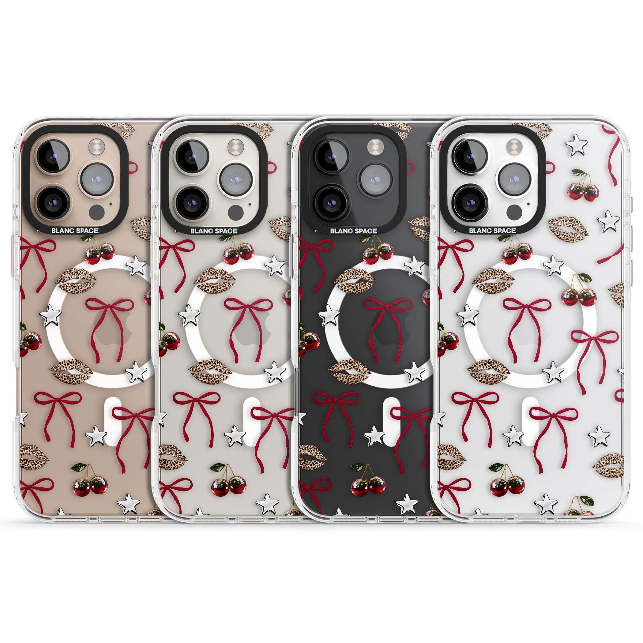 Starlet coquette iPhone case featuring red ribbon bows, disco cherries and leopard-print lips | Impact Magsafe case for iPhone 16 Pro, iPhone 16 Pro Max