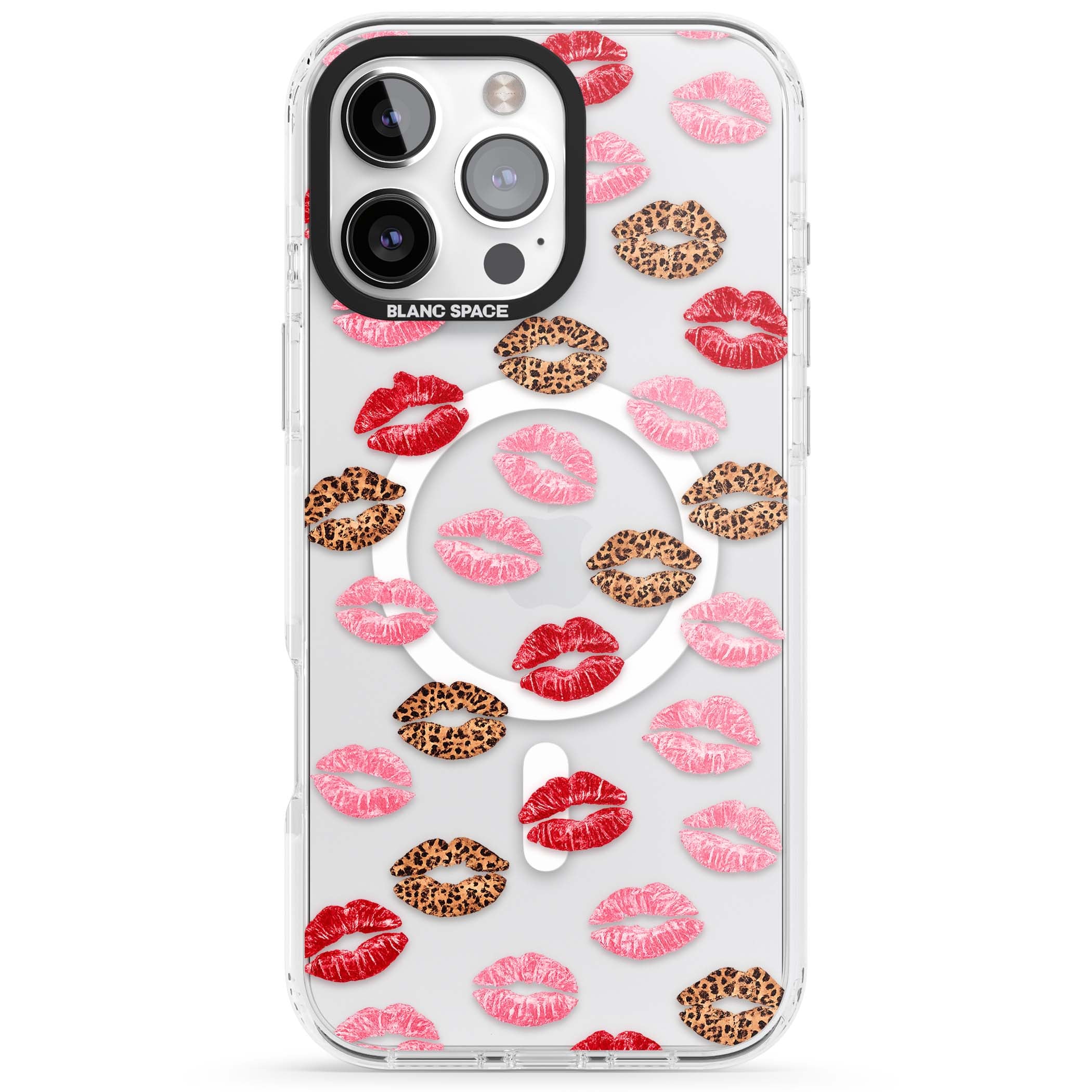 Wild Kisses coquette iPhone case featuring red, pink and leopard print lipstick kiss marks on a clear background | Impact Magsafe case for iPhone 16 Pro, iPhone 16 Pro Max