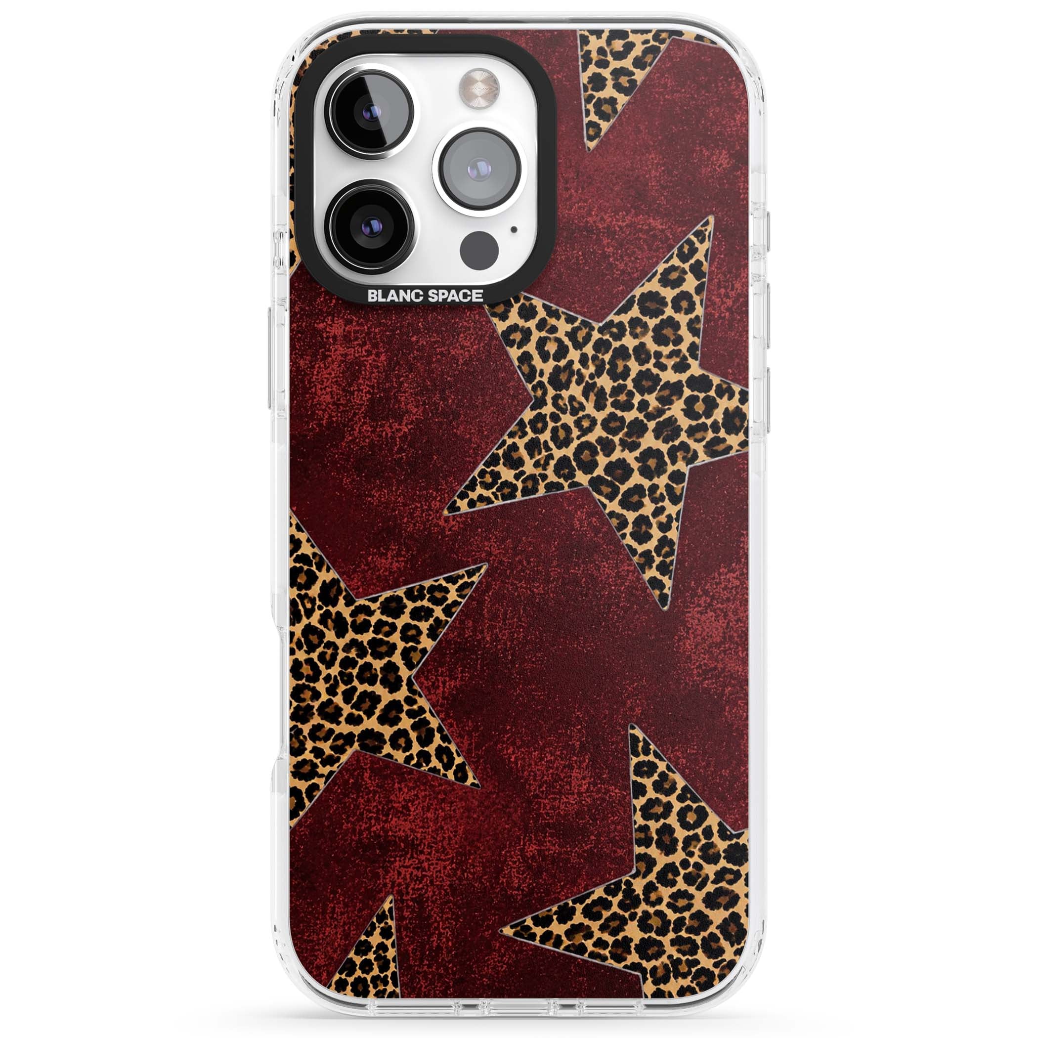 Showgirl leopard print iPhone case featuring cheetah print stars on distressed red grunge background | Impact Magsafe case for iPhone 16 Pro, iPhone 16 Pro Max