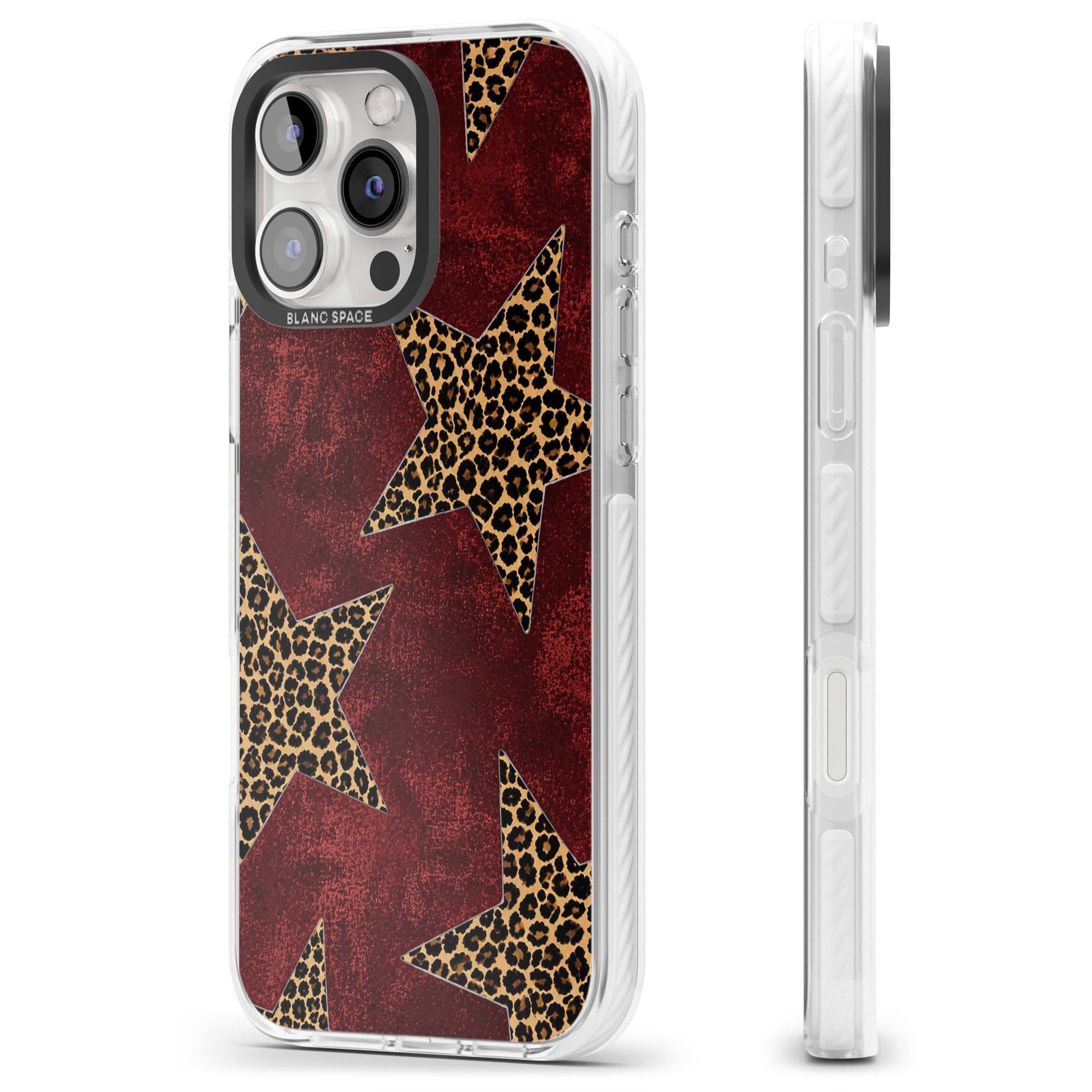 Showgirl leopard print iPhone case featuring cheetah print stars on distressed red grunge background | Impact Magsafe case for iPhone 16 Pro, iPhone 16 Pro Max