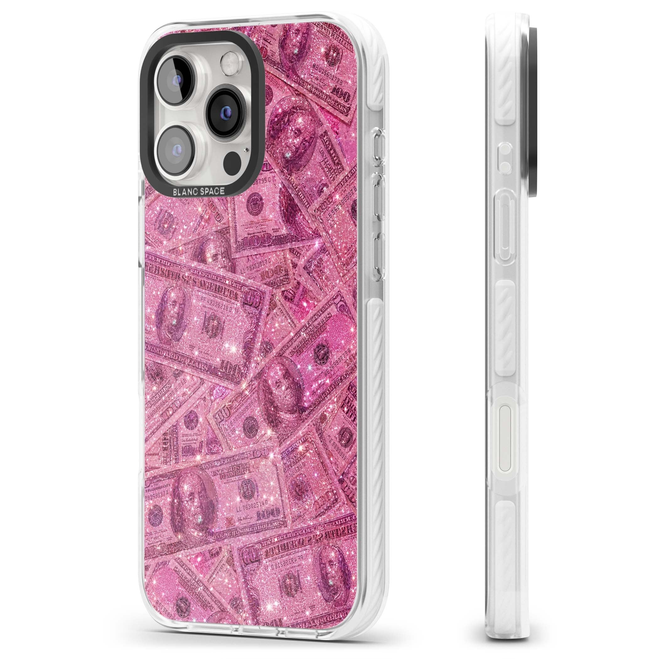 Glamorous baddie iPhone case featuring pink glitter hundred dollar bills and sparkling money wallpaper design | Impact Magsafe case for iPhone 16 Pro, iPhone 16 Pro Max