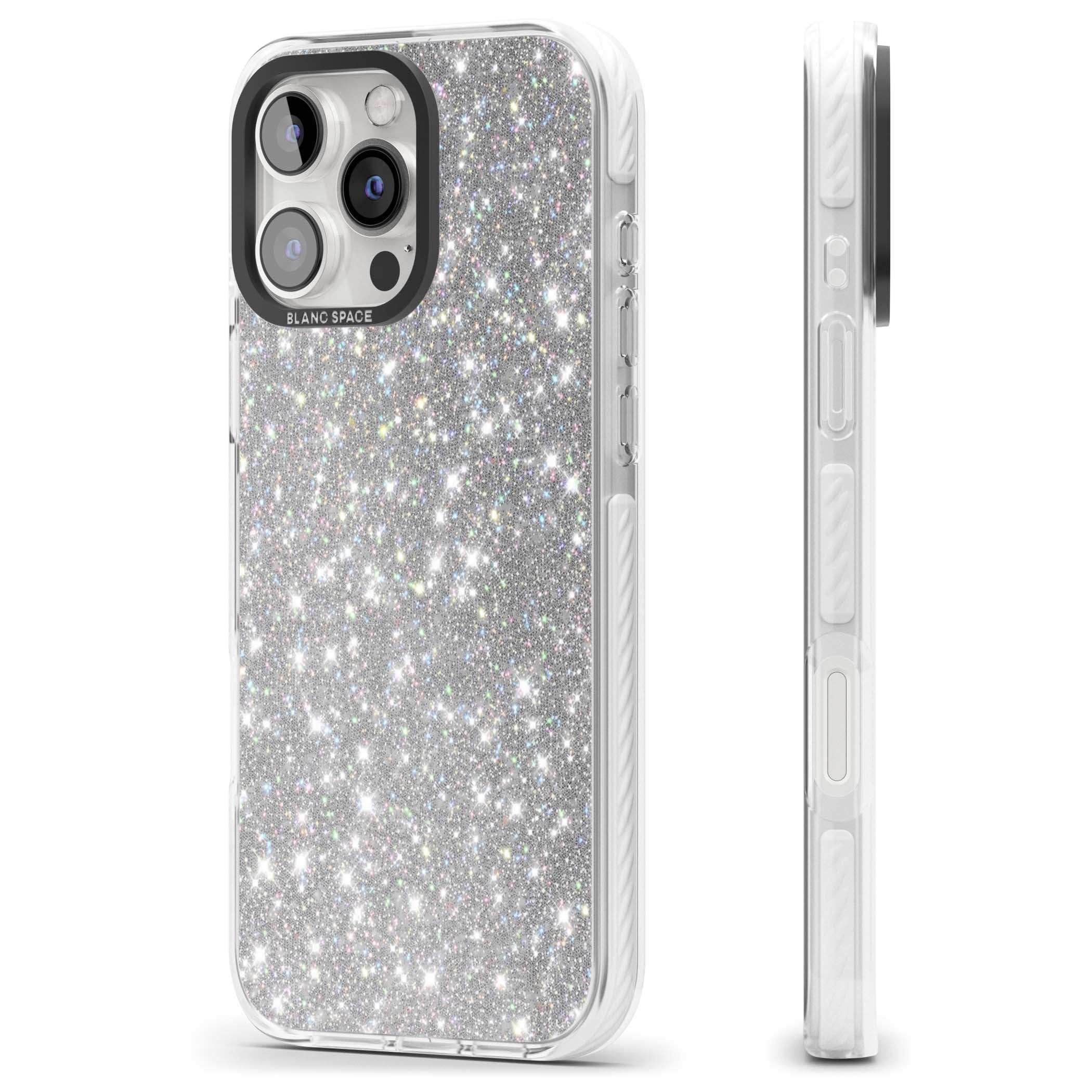 Diamond glam iPhone case featuring silver glitter sparkle and shimmering diamond dust effect | Impact Magsafe case for iPhone 16 Pro, iPhone 16 Pro Max